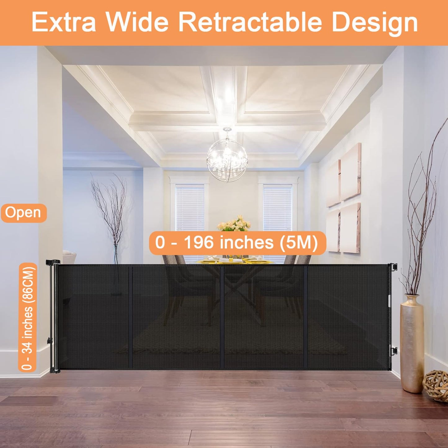 Retractable Stair Safety Gate for Babies, 0-150 cm Wide, Baby Barrier, Cat and Dog Barrier, One-Handed Operation, Suitable for Indoor & Outdoor Use (150 cm, Black)