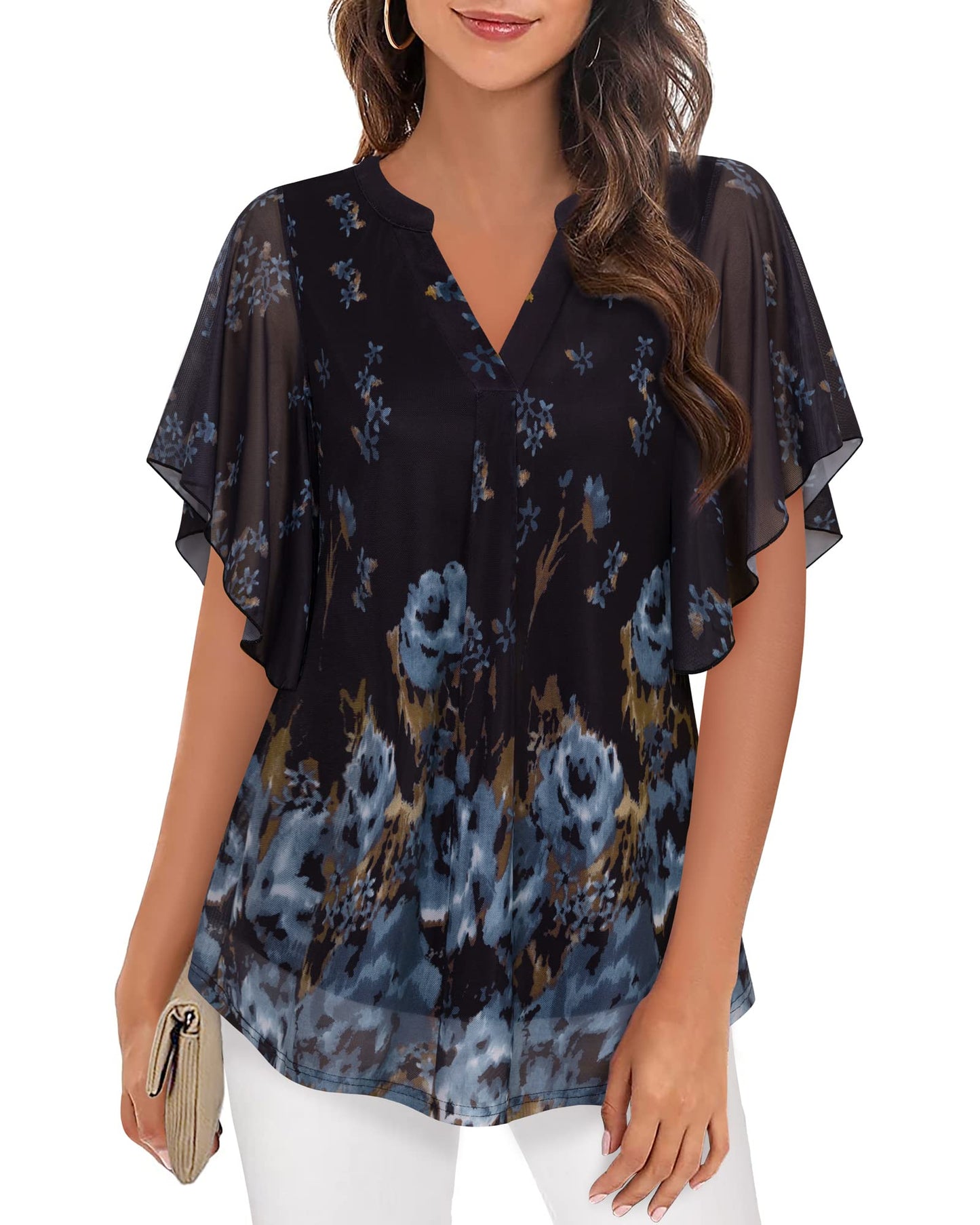 Vafoly Bluse Damen Elegant Kurzarm Sommer Tunika V-Ausschnitt Mesh Oberteil Blumen Doppellagige Tunika