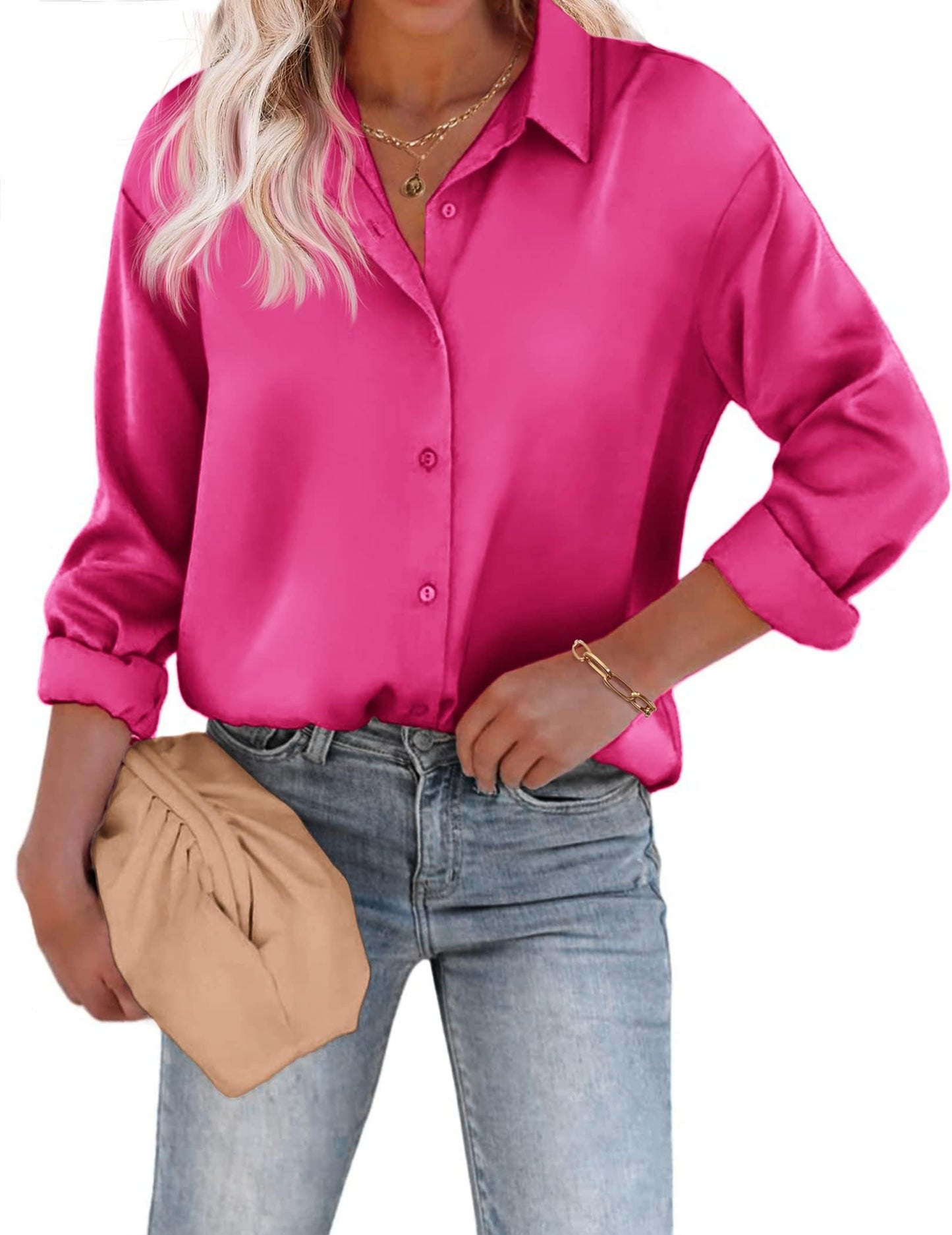 Beyove Damen Bluse Satin Seide V-Ausschnitt Hemden Elegant Langarm Business Oberteile mit Knöpfen Tops Lose Langarmshirt