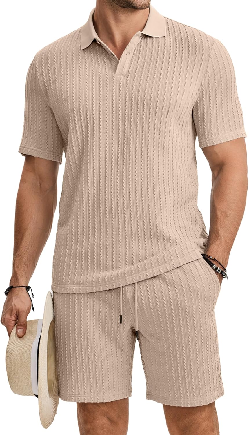 JMIERR Herren Jogginganzug Set Sommer 2 Teiliges Poloshirts Kurzarm Einfarbig Strick mit Kurze Hose Herren mit Elastischer Taille Baggy Freizeitanzug