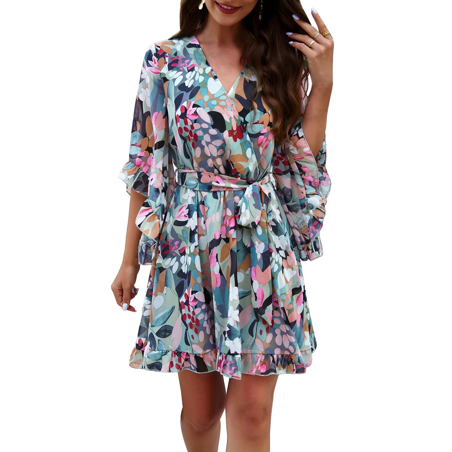 Odizli Sommerkleid Damen Kurz Elegant Blumen Chiffon V-Ausschnitt Wickelkleid