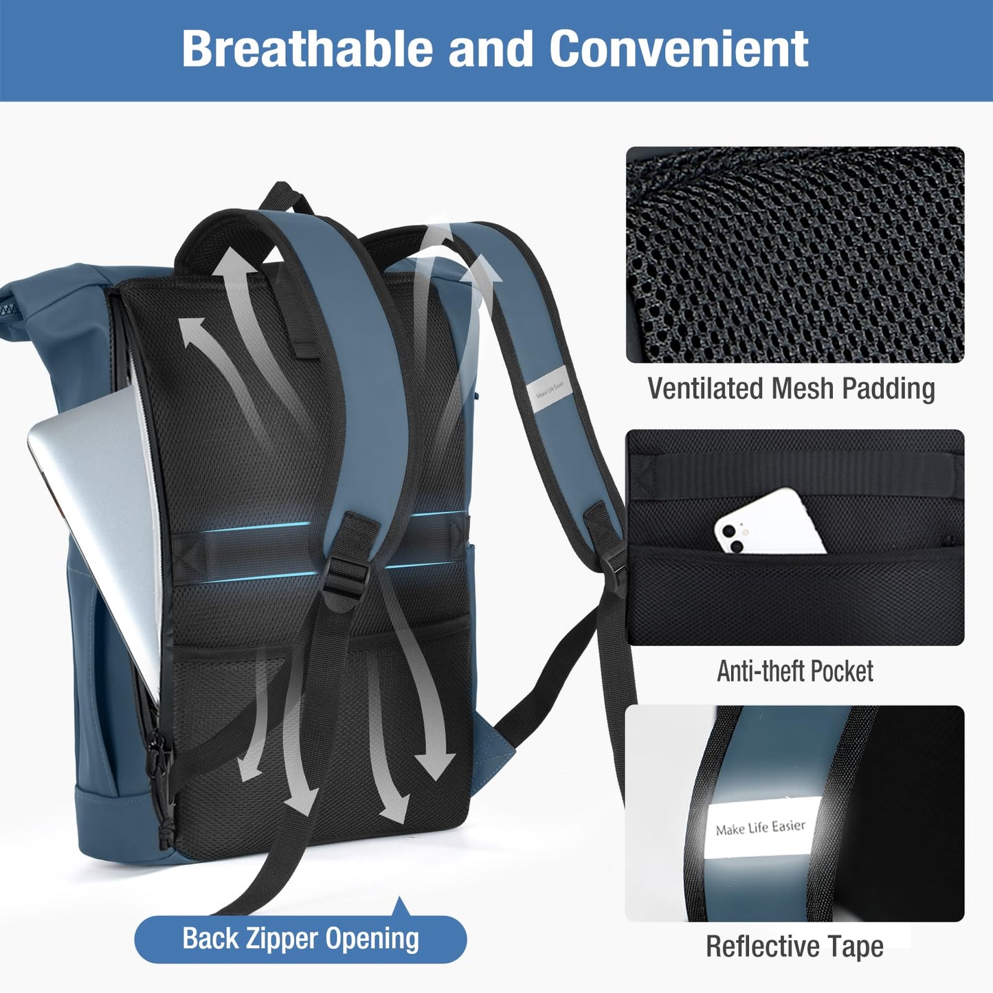 Lekeinchi Rolltop Rucksack Wasserdicht für Damen & Herren, Großer Laptop Rucksack mit Computerfach für 17 Zoll Laptop, Elegant Reiserucksack Daypack für Reisen, Radfahren, Uni Schule, Arbeit-Blau