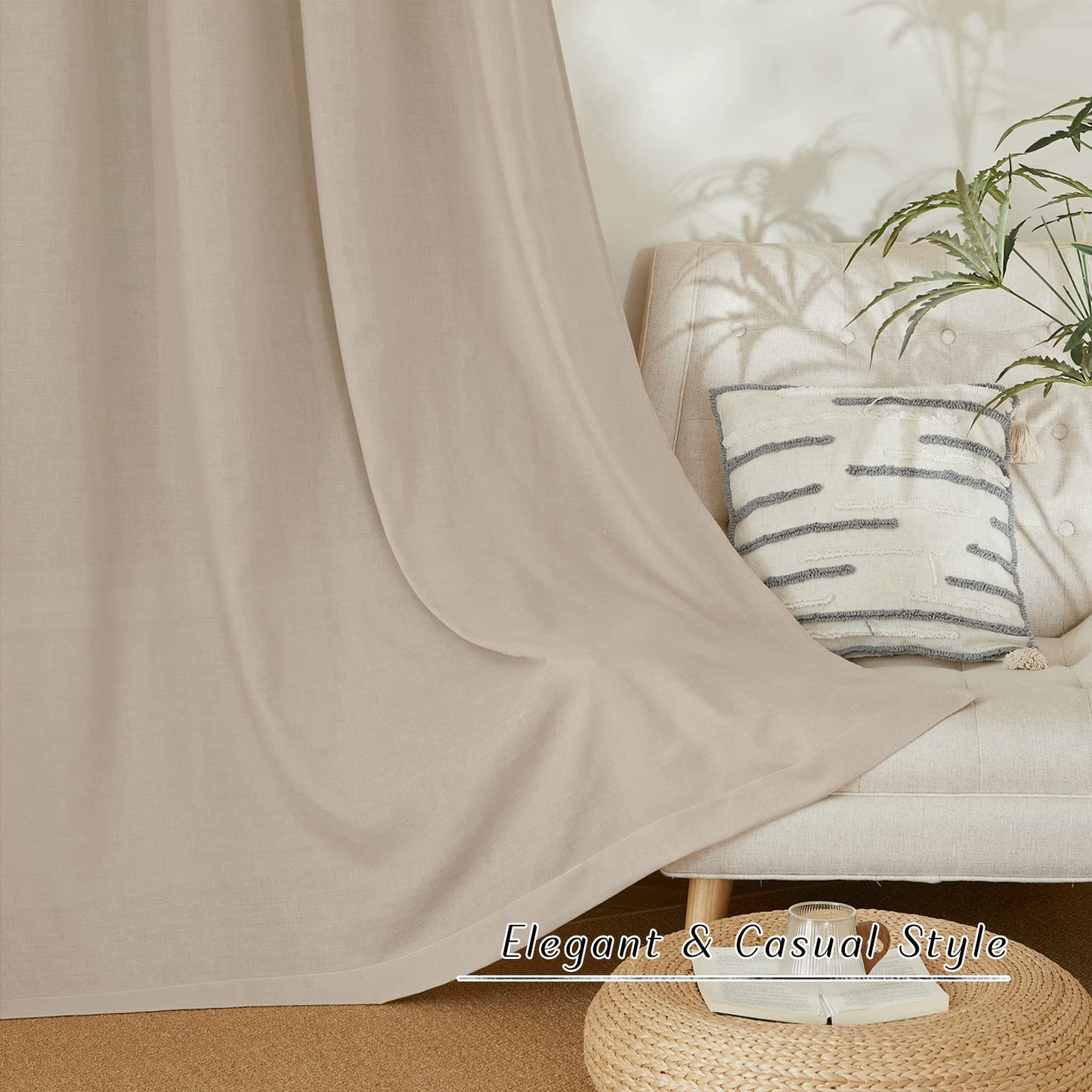 PONY DANCE Leinenvorhang Kräuselband Wohnzimmer Vorhänge Boho 2er Set H 245 x B 140 cm Leinen Gardinen für Schienensystem Leinenoptik Vorhänge Halbtransparent Linen Curtains Living Room, Beige
