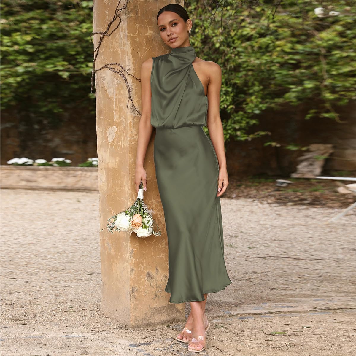 Odizli Damen Elegant Ärmellos Neckholder Satin Sommer Hochzeit Lang Abendkleider