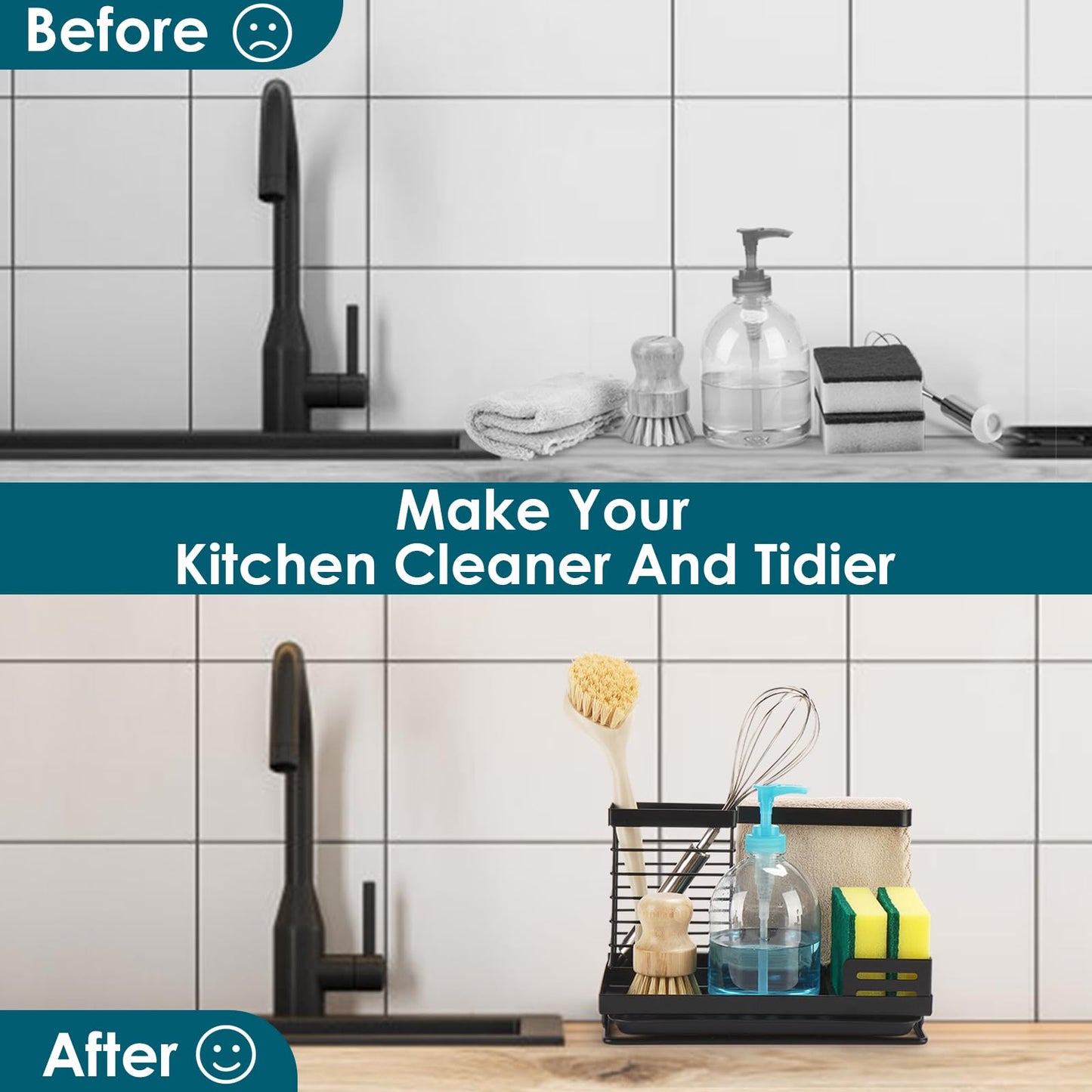 Spülbecken Organizer Küchen,Kitchen Sink Caddy Organizer,Spülmittel Halterung Küche,Schwammhalter/Spüllappenhalter mit Abflusspfanne,Waschbecken Abwasch Organizer,Spülorganizer Spüle Ablage Schwarz