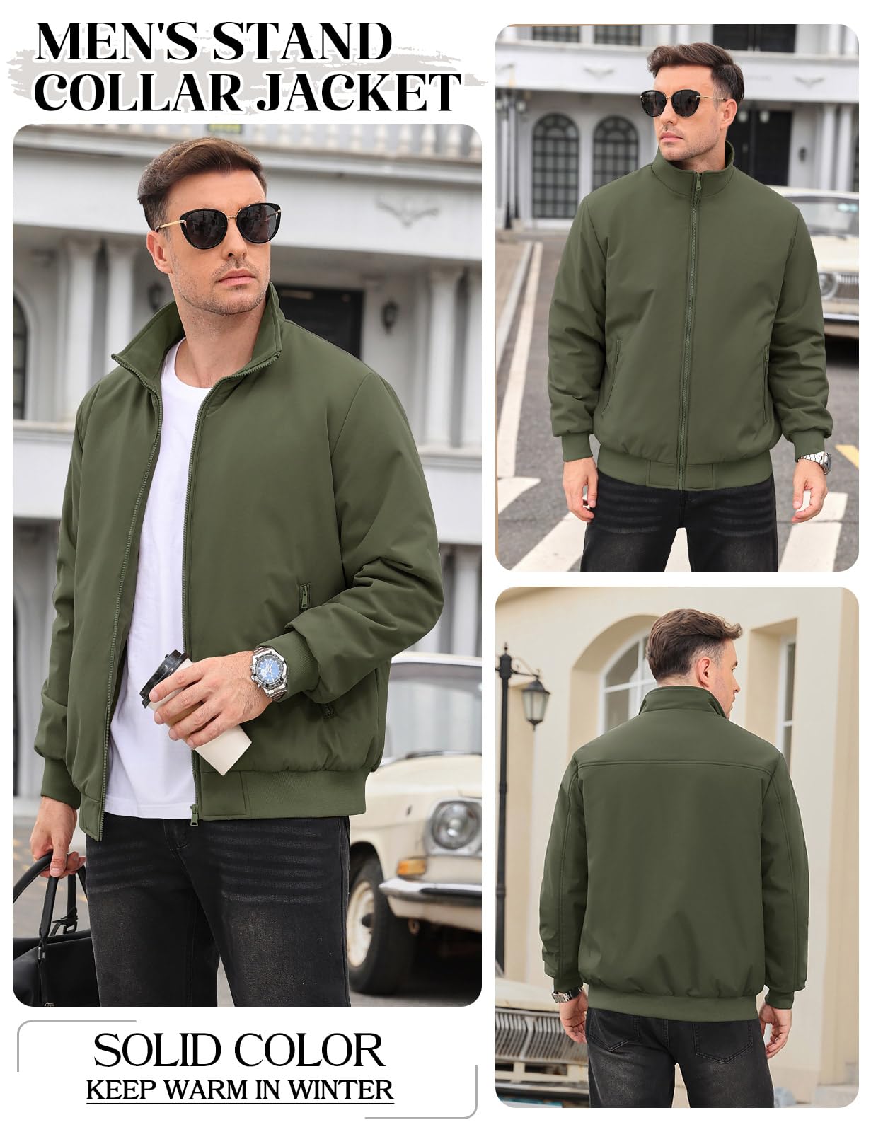 Lonya Men's Fleece Winter Windproof Bomber Jacket Full Zip Transition Jacket Flight Jacket Autumn Warm Padded Stand-Up Collar Coats Jackets