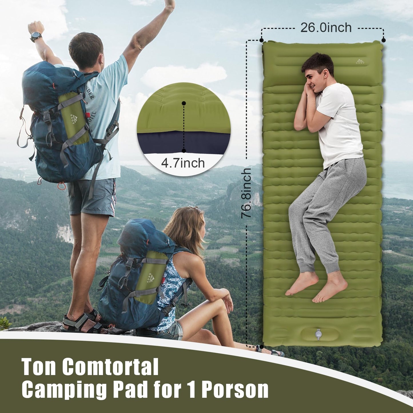 GGOV Isomatte Selbstaufblasend für Camping, 12 cm Höhe Bequeme Selbstaufblasende luftmatratze für Wandern, Ultraleicht Wasserdicht Luftmatratze Outdoor, mit Fußpresse Pumpe, Tragbar Kleines Packmass