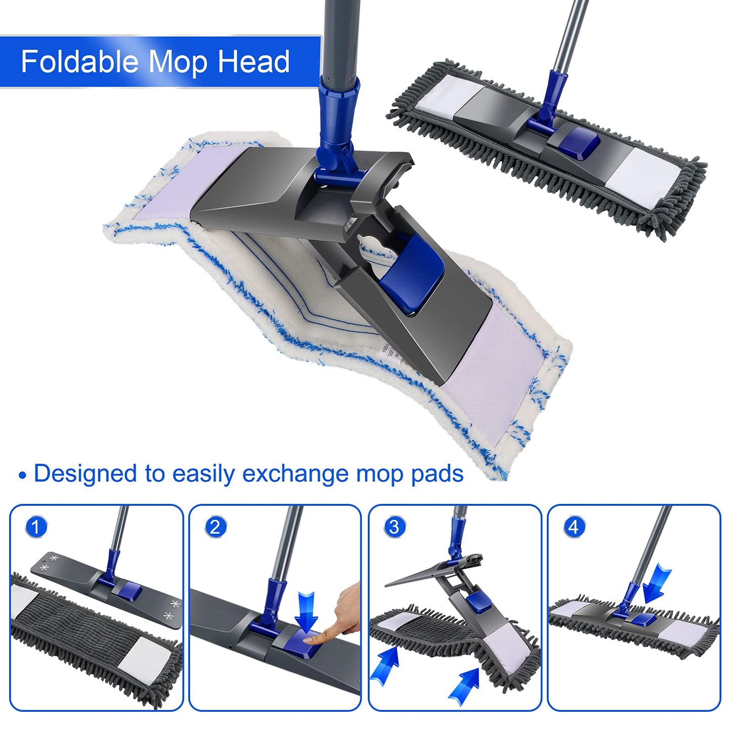 Masthome Wischmopp Bodenwischer Bodenreiniger,Mikrofaser Mopp mit 128cm Teleskopstiel,Wischer Boden Flachmopp mit 4 Moppads für Hartholz,Laminat,Fliesen,Marmor,Send Scraping Dust
