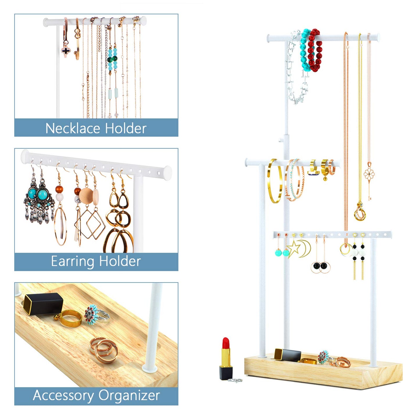 SRIWATANA Schmuckständer Holz Schmuckhalter Kettenhalter 3 Stäbe Drehbar (51cm) Schmuckbaum Schmuckaufbewahrung für Ketten Ohrringen Ringen Uhren und Armbändern