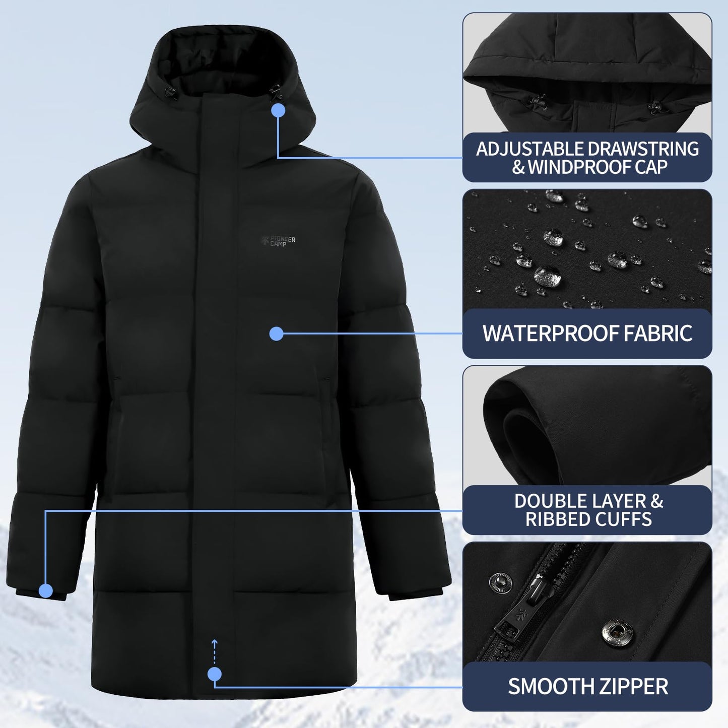 Pioneer Camp Men's Winter Jacket Long Windproof Waterproof Warm Down Jacket Winter Outdoor Parka Jacket with Hood