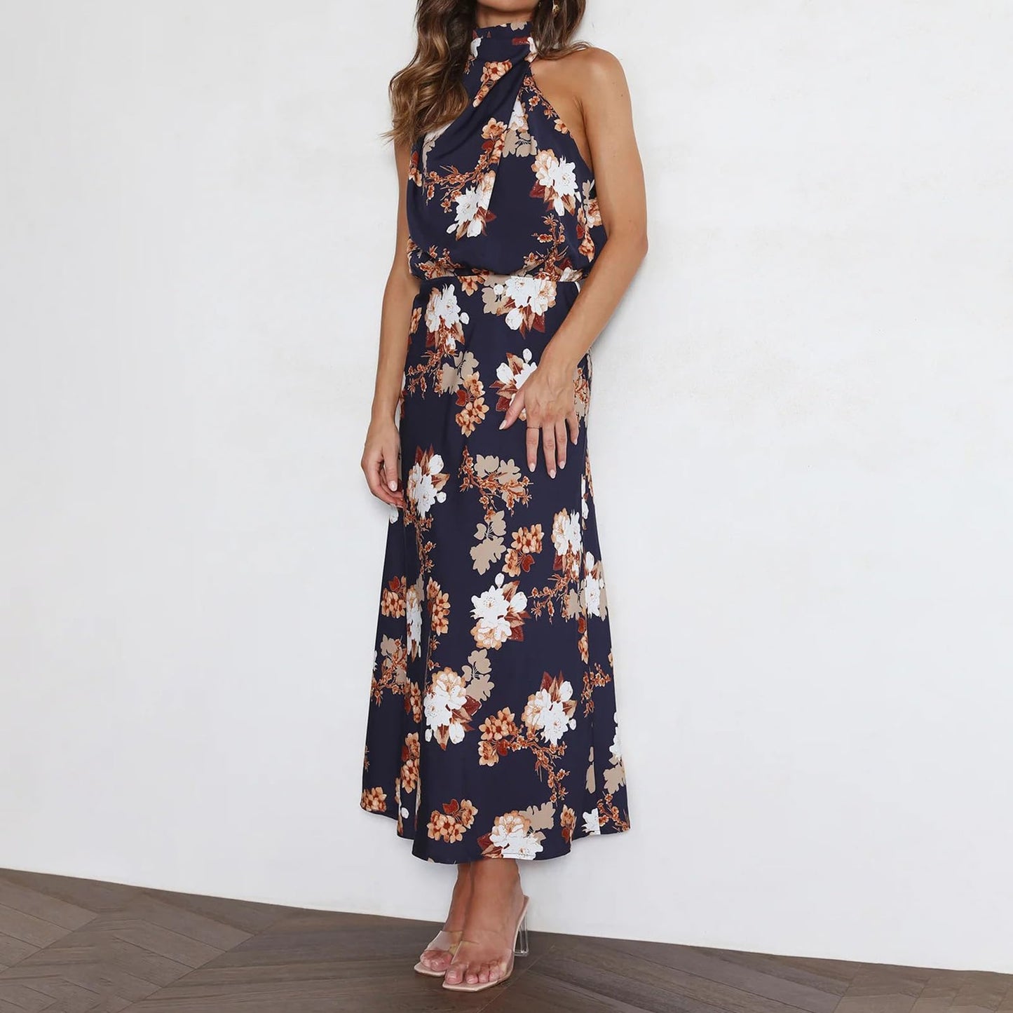 Odizli Damen Elegant Ärmellos Neckholder Satin Sommer Hochzeit Lang Abendkleider