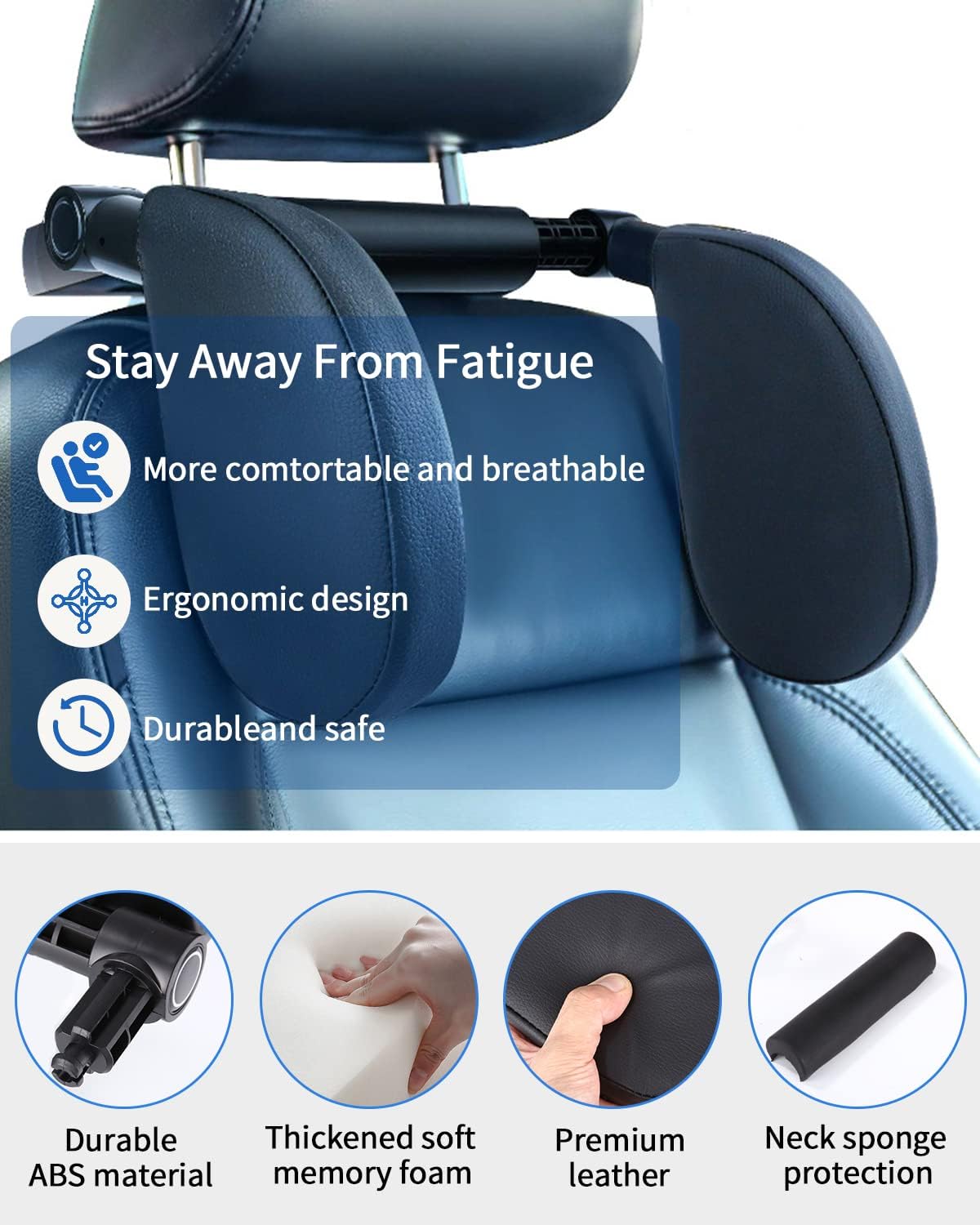 Children's Car Headrest, Neck Support for Children, Neck Pillow, Leather with Telescopic Rod and Sliding Clips, Quick Installation Travel Sleeping Pillow Headrest