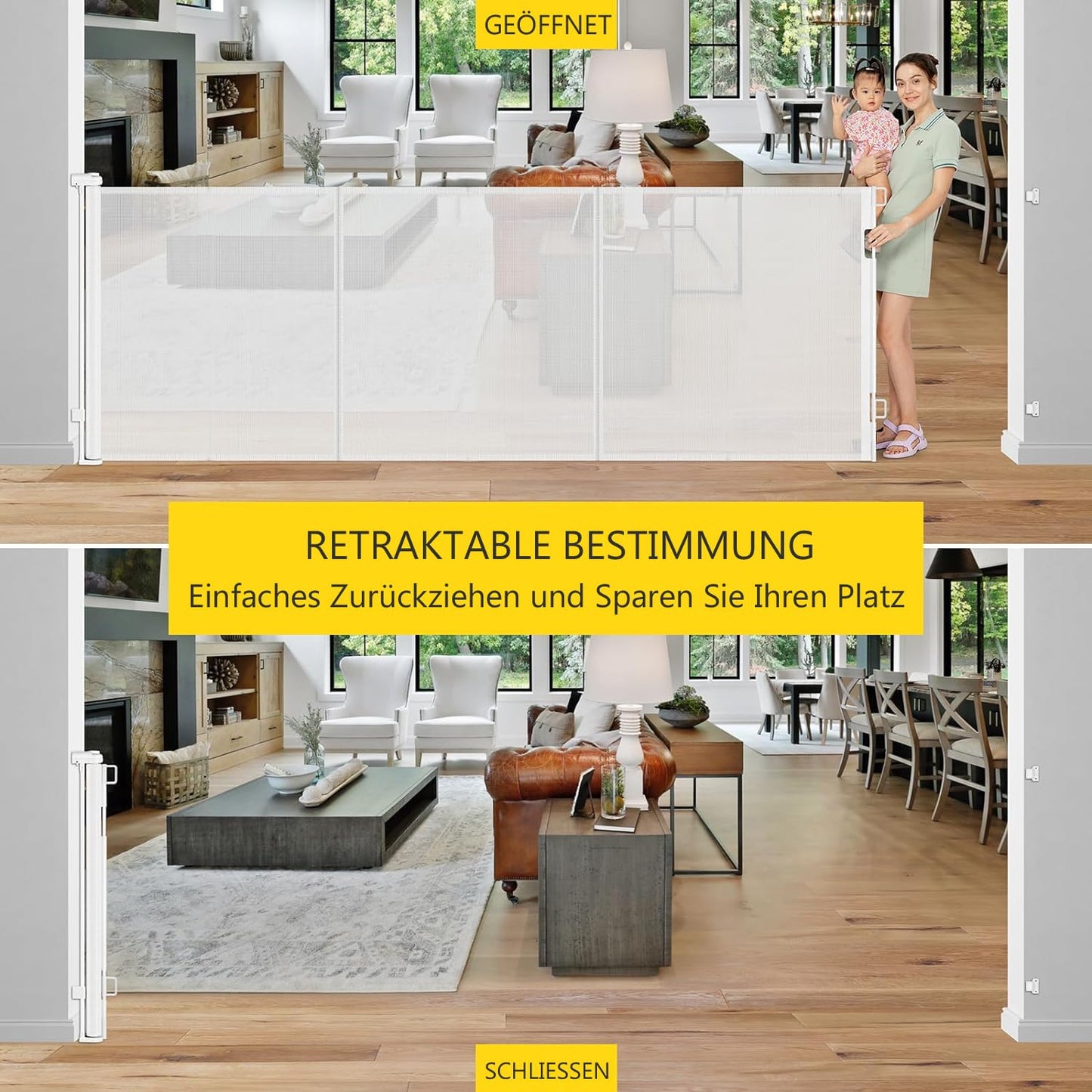 Retractable Stair Safety Gate for Babies, 0-150 cm Wide, Baby Barrier, Cat and Dog Barrier, One-Handed Operation, Suitable for Indoor & Outdoor Use (150 cm, Black)