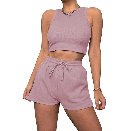 Geagodelia Damen Zweiteiler Sommer Hosenanzug Elegant Outfits Kleidung 2 Teiler Set Crop Tank Top + Shorts Y2k Aesthetic Clothes Workout Sport Anzug