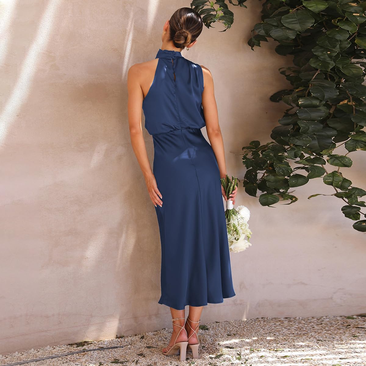 Odizli Damen Elegant Ärmellos Neckholder Satin Sommer Hochzeit Lang Abendkleider