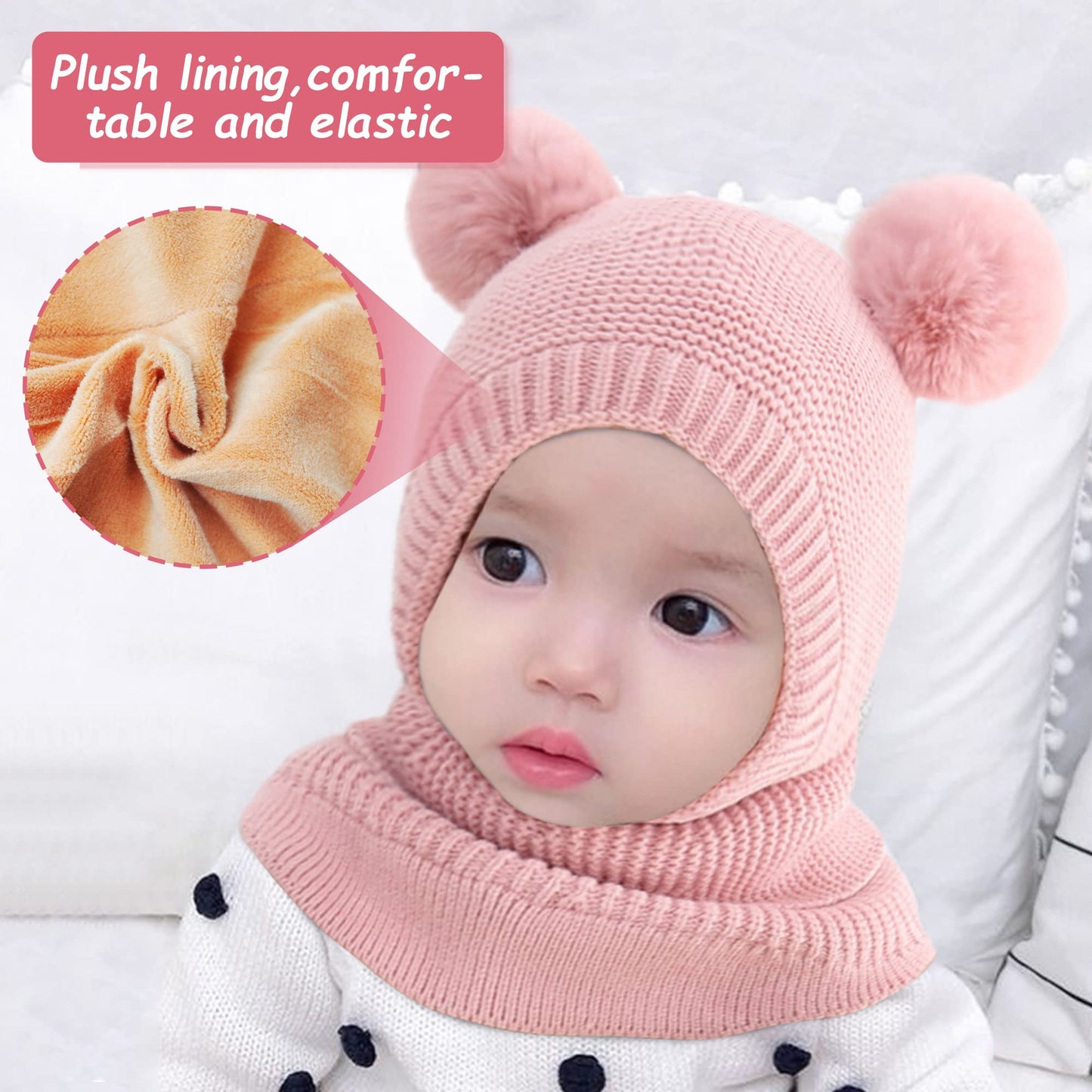 Children's Slip-On Hat Girls Boys Scarf Hat Fleece Lined Knitted Hat with Bobble Cute Winter Warm Beanie Hat Children's Hat Bobble Hat Loop Scarves for Toddlers Children 2-6 Years Old