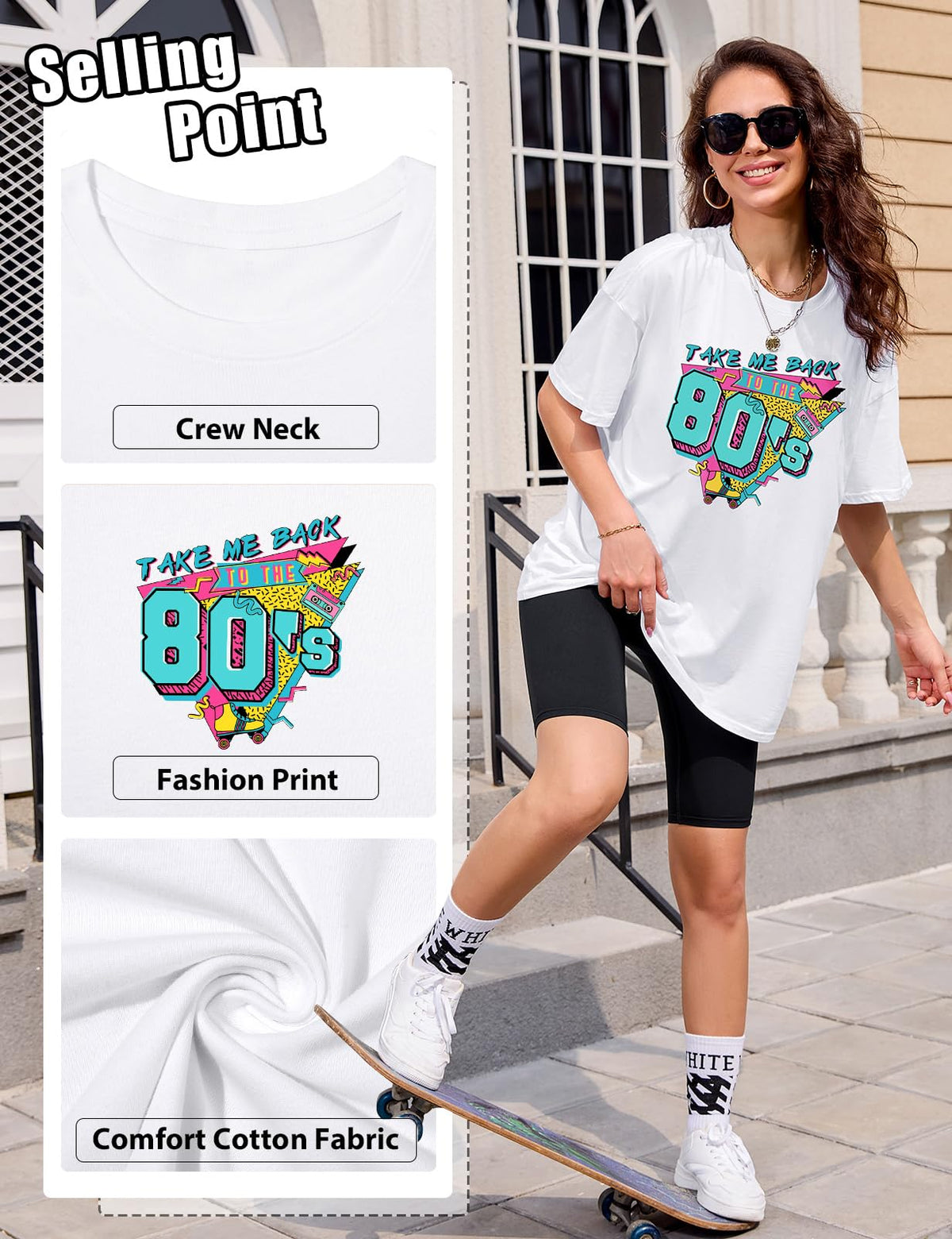 Lonya T Shirt Damen Oversized Vintage Rundhals Kurzarm 80er Jahre Brief Gedruckt Schleife Blumen Sonne Mond Muster Sommer Bluse Baumwolle Oberteile Tops Retro 80s Casual Lockere Basic Tee Shirt