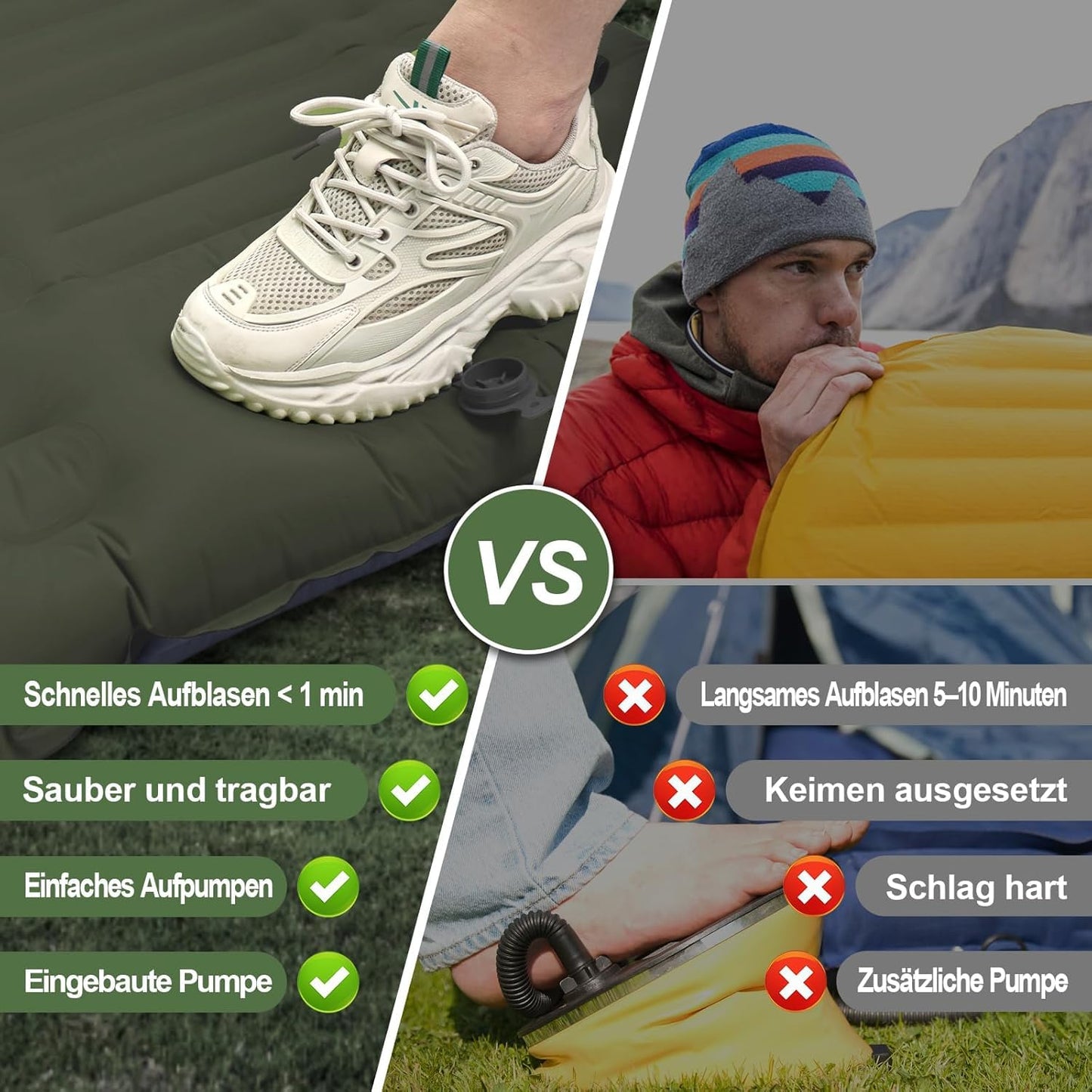 GGOV Isomatte Selbstaufblasend für Camping, 12 cm Höhe Bequeme Selbstaufblasende luftmatratze für Wandern, Ultraleicht Wasserdicht Luftmatratze Outdoor, mit Fußpresse Pumpe, Tragbar Kleines Packmass