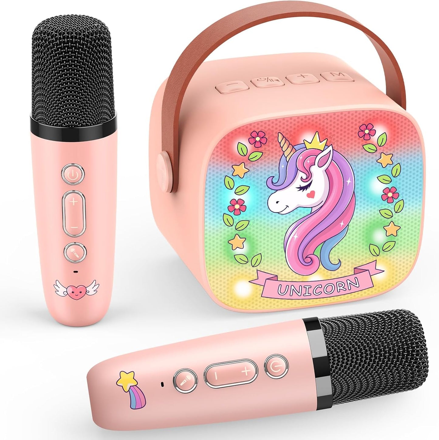 Karaoke Machine with 2 Bluetooth Microphones, Children's Unicorn Christmas Gifts Toy for Girls 3-12 Years, Portable Karaoke Microphone Set with DSP and LED Lights