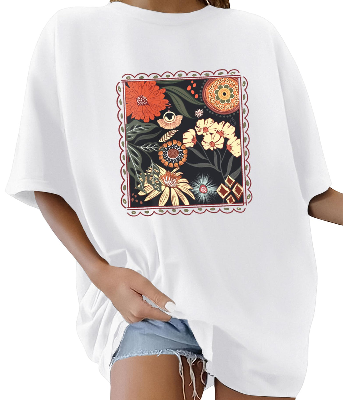Lonya T Shirt Damen Oversized Vintage Rundhals Kurzarm 80er Jahre Brief Gedruckt Schleife Blumen Sonne Mond Muster Sommer Bluse Baumwolle Oberteile Tops Retro 80s Casual Lockere Basic Tee Shirt