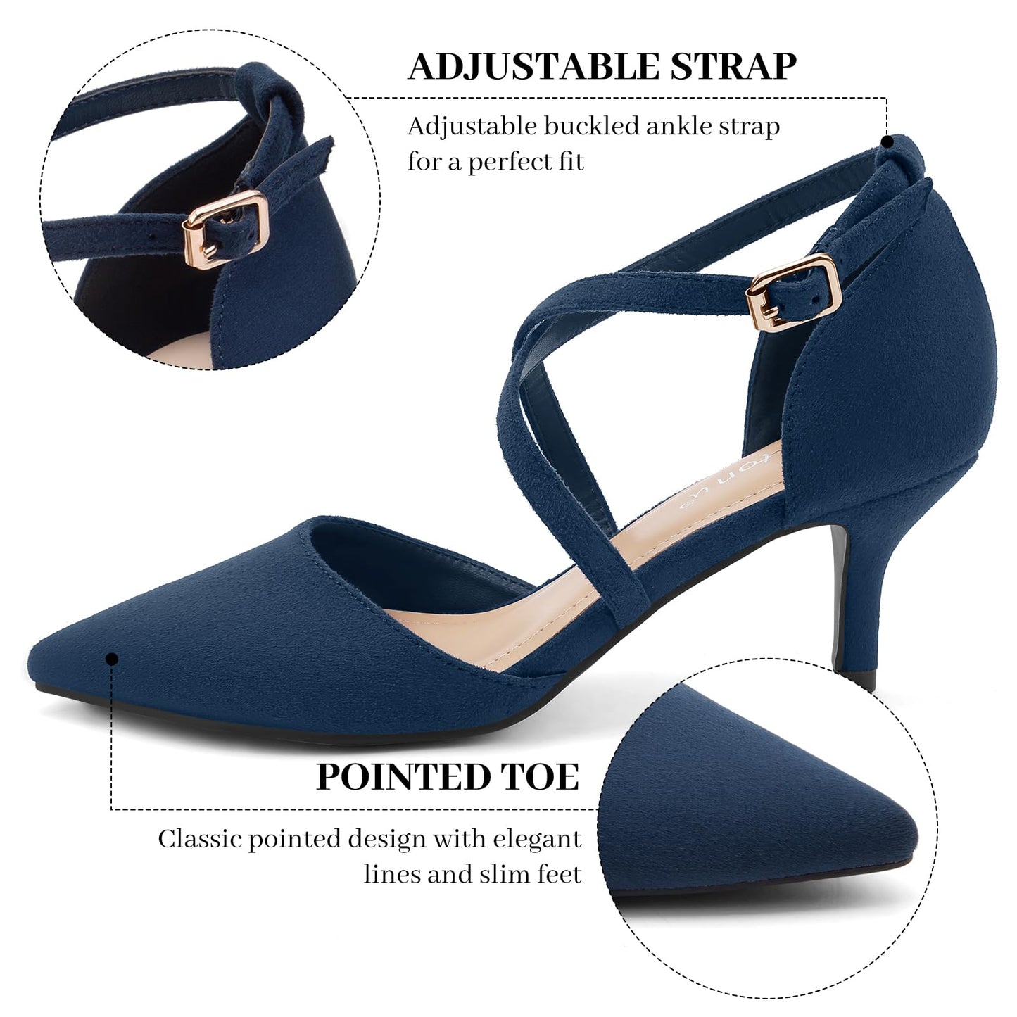 Greatonu Women's Pointed Toe Court Shoes with Ankle Strap and Kitten Heel