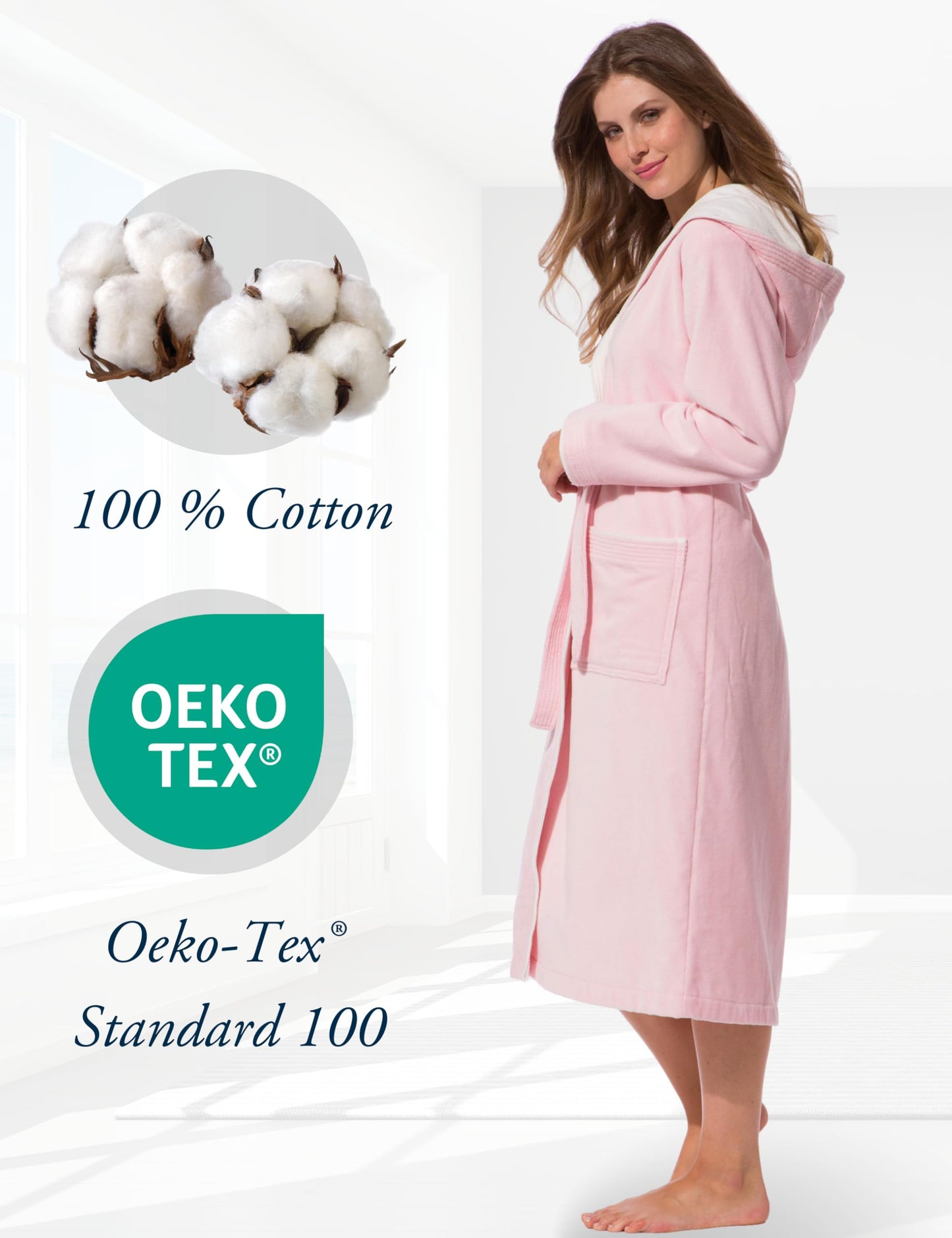 Morgenstern Bademantel Damen 100% Baumwolle mit Kapuze Frottee-Velours OEKO-TEX Leonie