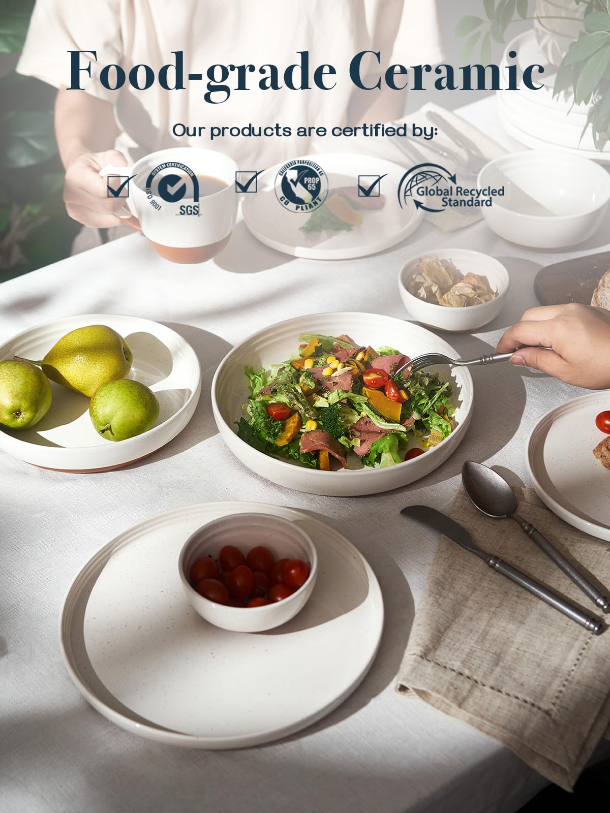 DOWAN Steingut Dessert Teller Set,Tellerset Keramik-6 Personen,21cm Speiseteller Porzellan,Essteller,Steinzeug Geschirrteller,Flache Frühstückstelle teller para Salat,Pasta,Vanille-Weiß