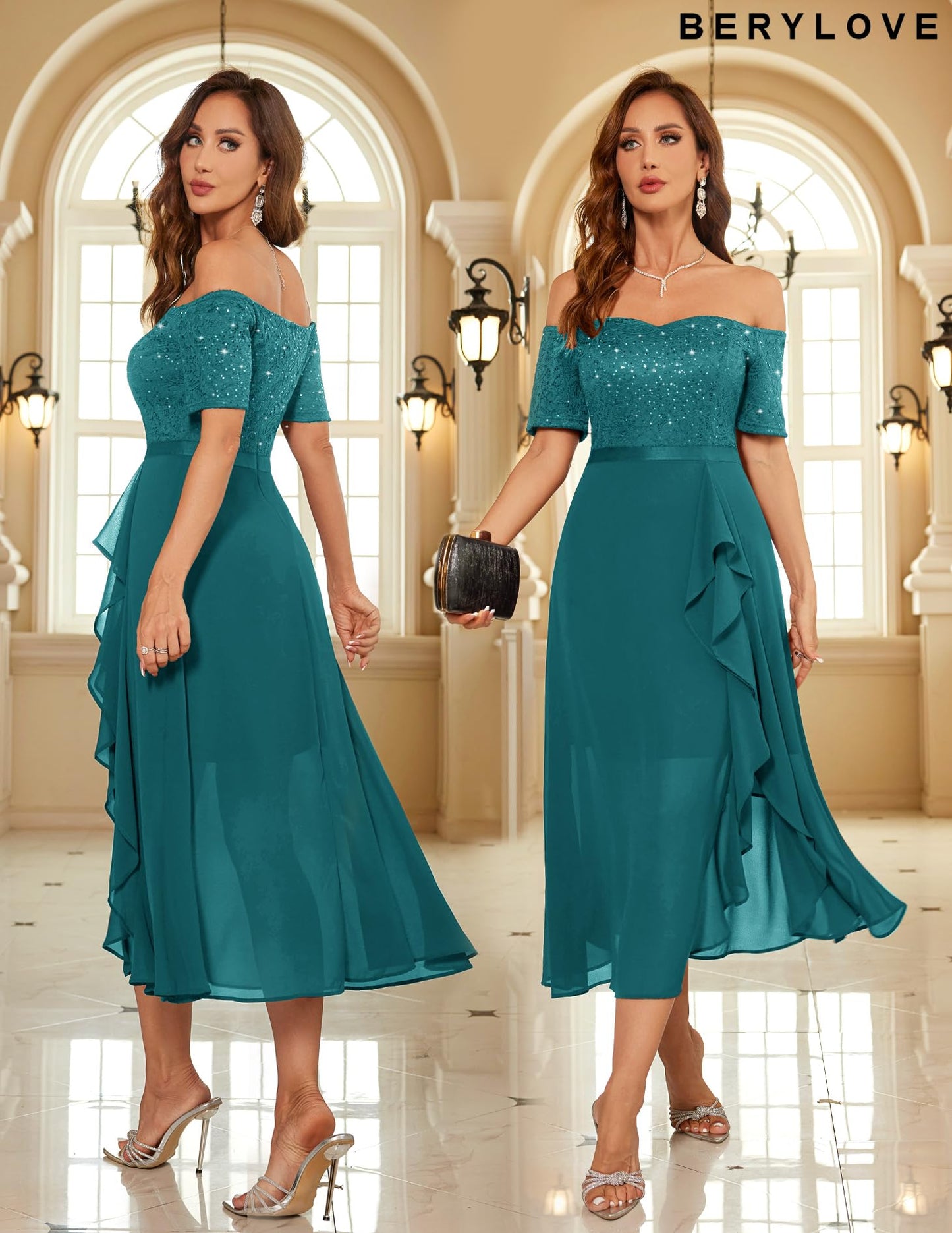 Berylove Abendkleid Damen Lang Glitzer Kleid Cocktailkleid Elegant für Hochzeit Off Shoulder Kleid Ballkleid