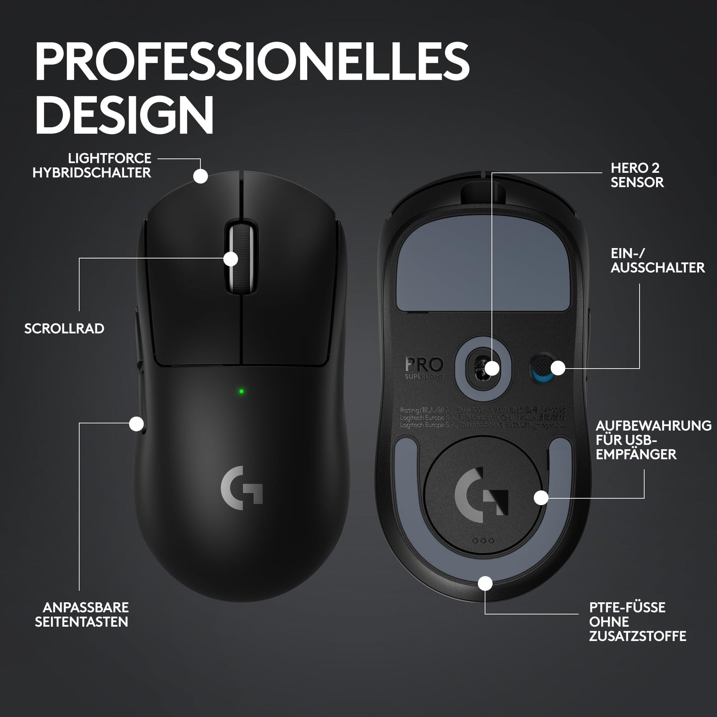 Logitech G PRO X SUPERLIGHT 2 LIGHTSPEED Kabellose Gaming-Maus, West Europa Verpackung, Lightweight, 60g, 8K-Abrufrate, 44K DPI, 5 programmierbare Tasten, USB-C, PC & Mac - Schwarz