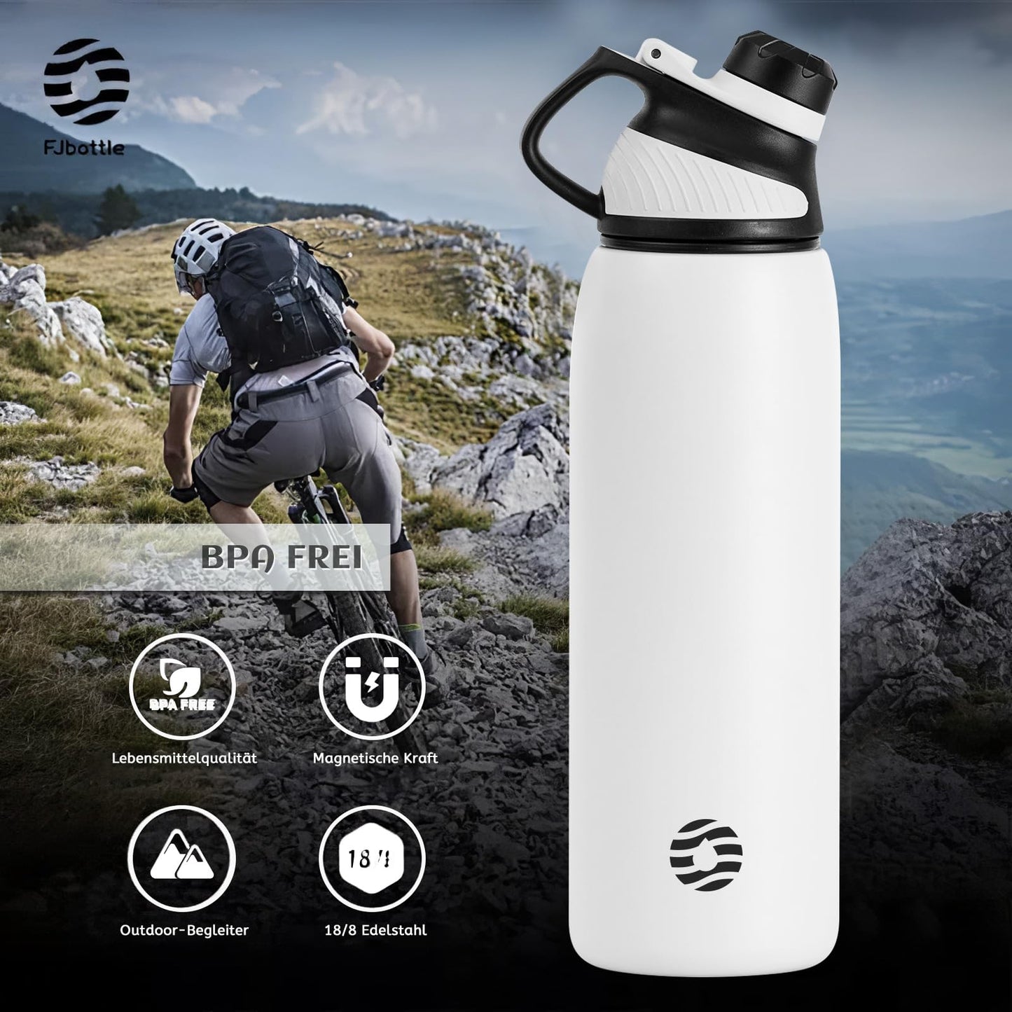 Fjbottle Edelstahl Trinkflasche Sport mit Magnetischem Deckel 1L, 800ml, 600ml, 400ml BPA-Frei Auslaufsichere Kinder Flasche - Kohlensäure geeignet 1500ML Wasserflasche Thermo für Schule, Fitness