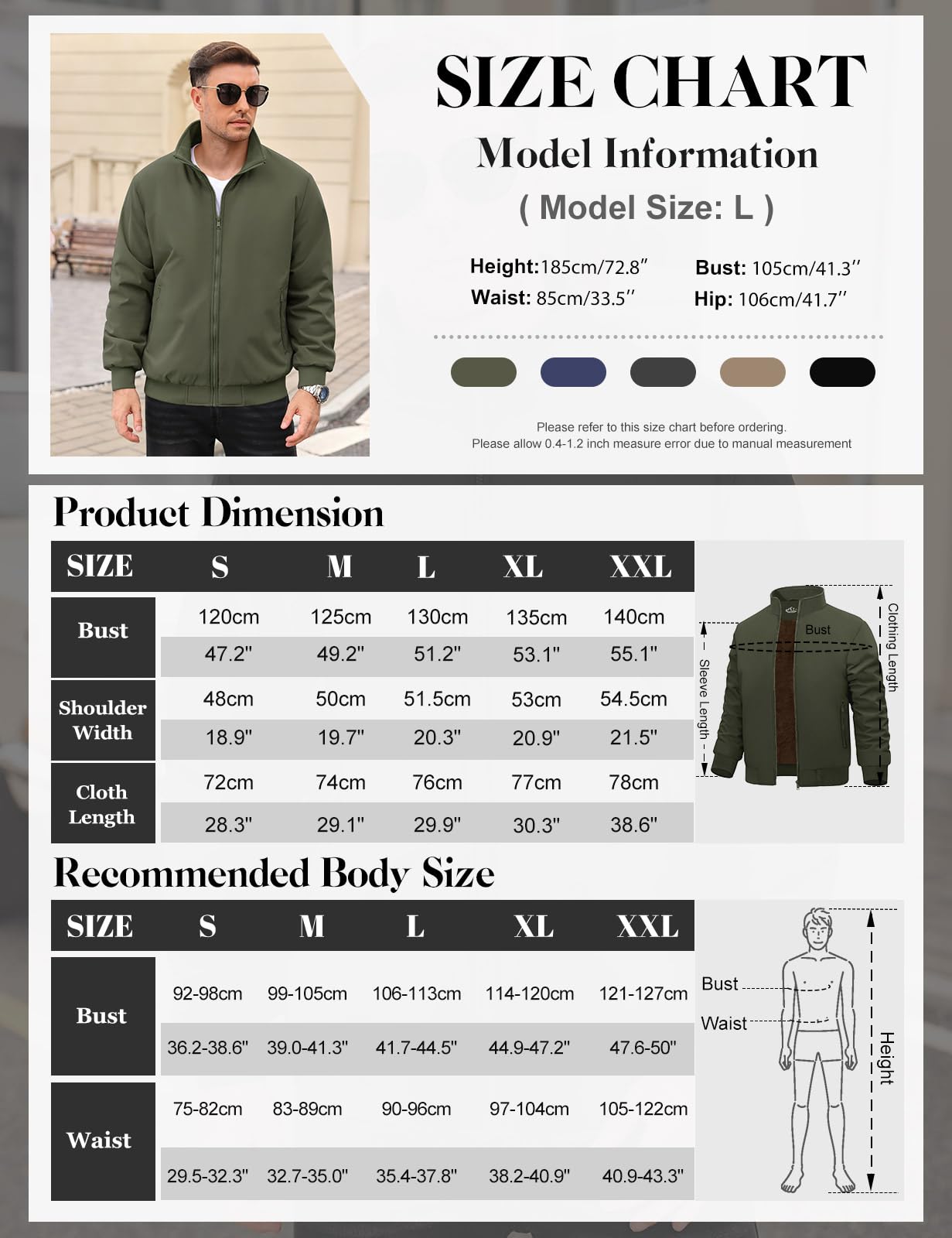 Lonya Men's Fleece Winter Windproof Bomber Jacket Full Zip Transition Jacket Flight Jacket Autumn Warm Padded Stand-Up Collar Coats Jackets