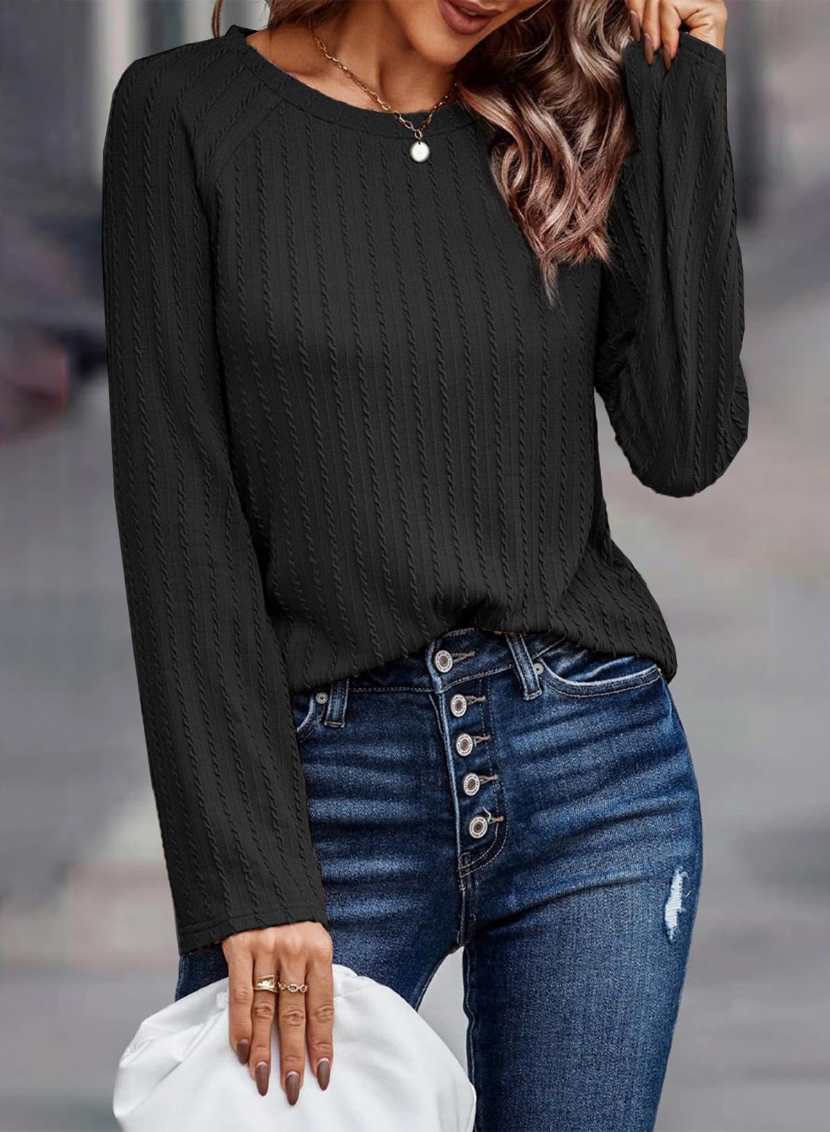 Dokotoo Langarmshirt Damen Rundhals Strickmuster T-Shirt Basic Longsleeve Shirts Herbst Winter Leichte Lässige Oberteile Tunika Pullover S-XXL