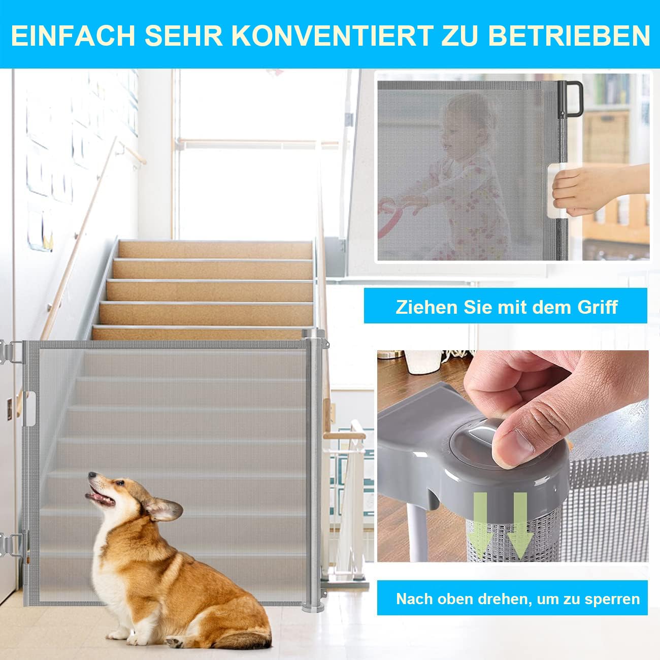 Retractable Stair Safety Gate for Babies, 0-150 cm Wide, Baby Barrier, Cat and Dog Barrier, One-Handed Operation, Suitable for Indoor & Outdoor Use (150 cm, Black)