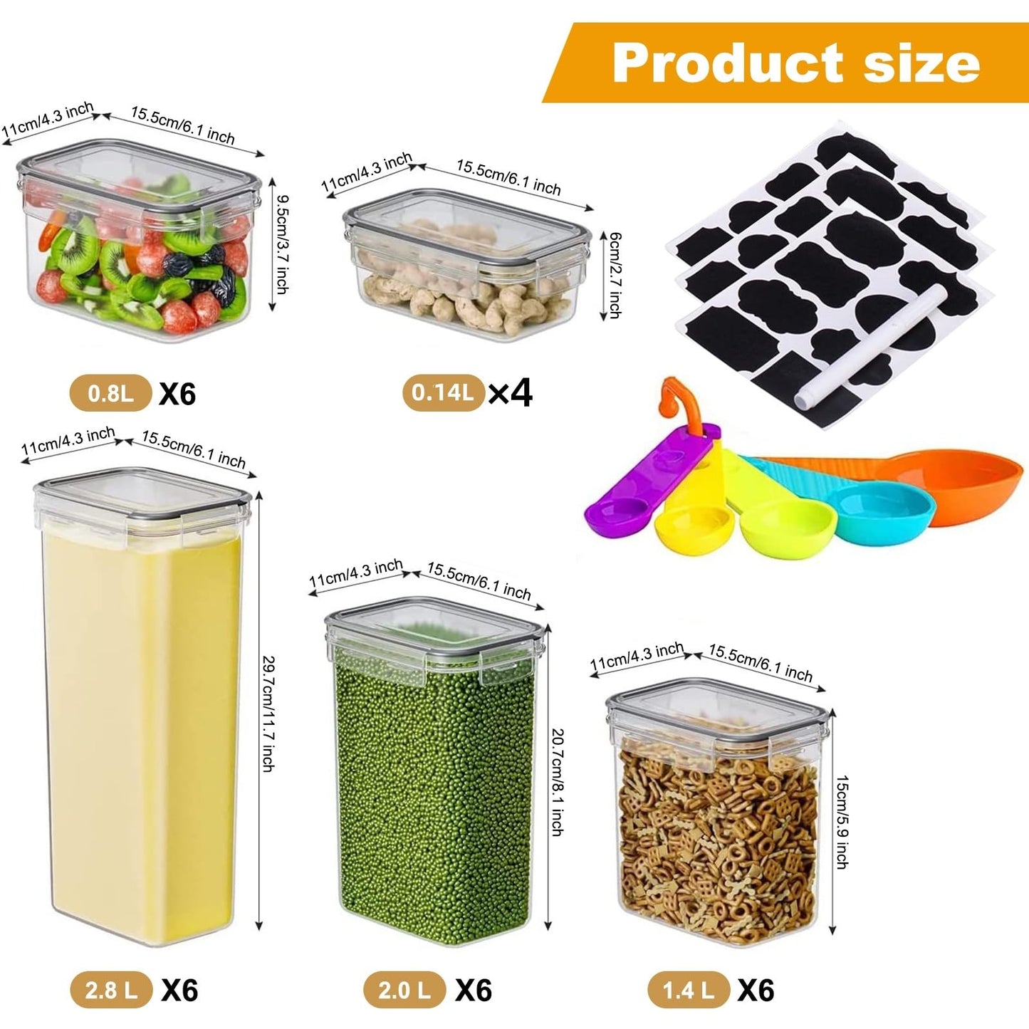 stusgo 24 Airtight Food Storage Containers with Lids Plastic Containers for Kitchen and Organization Cereal Flour and Sugar BPA Free Includes Spoon, Labels and a Pen