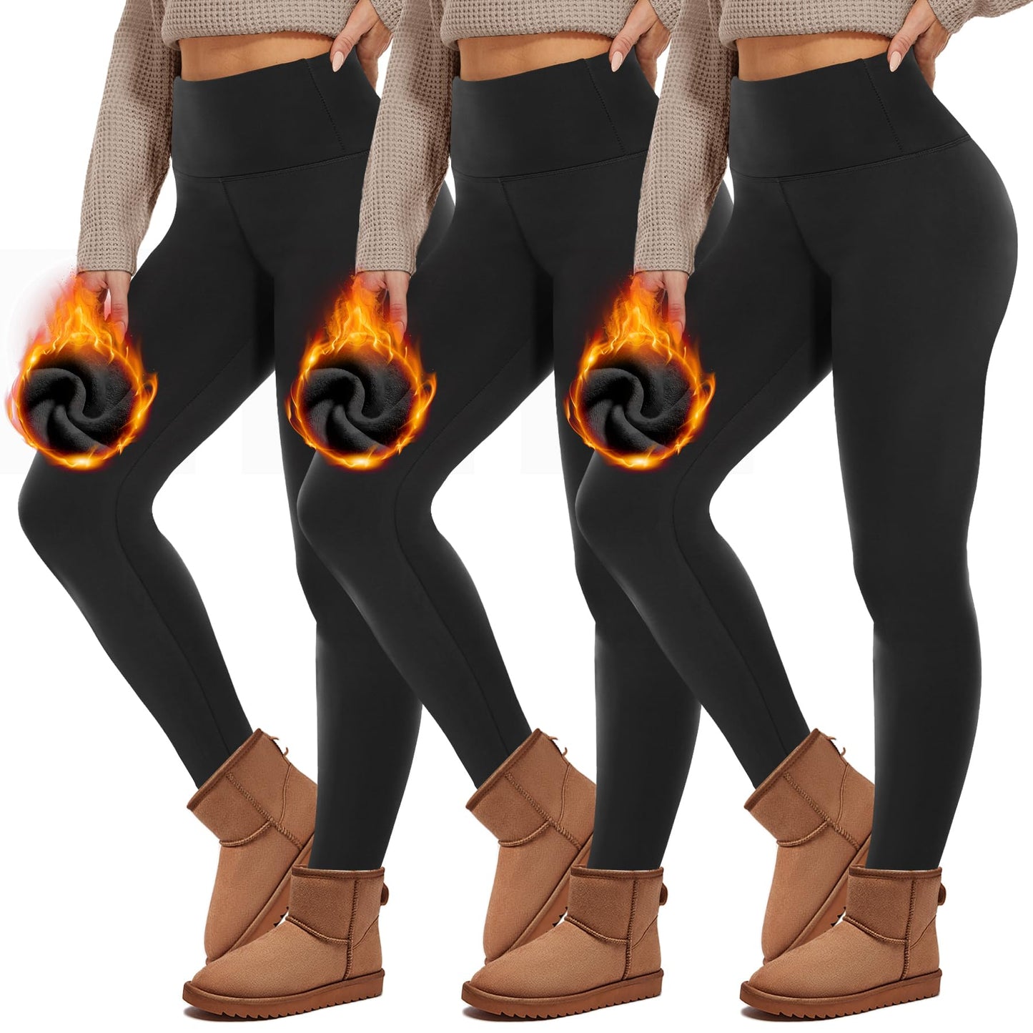 HIPOWER Pack of 3 Women's Thermal Leggings with Pockets Leggings Lined Winter High Waist Fleece Warm Leggings Opaque Black Sports Thermal Underwear Running Trousers Yoga Pants