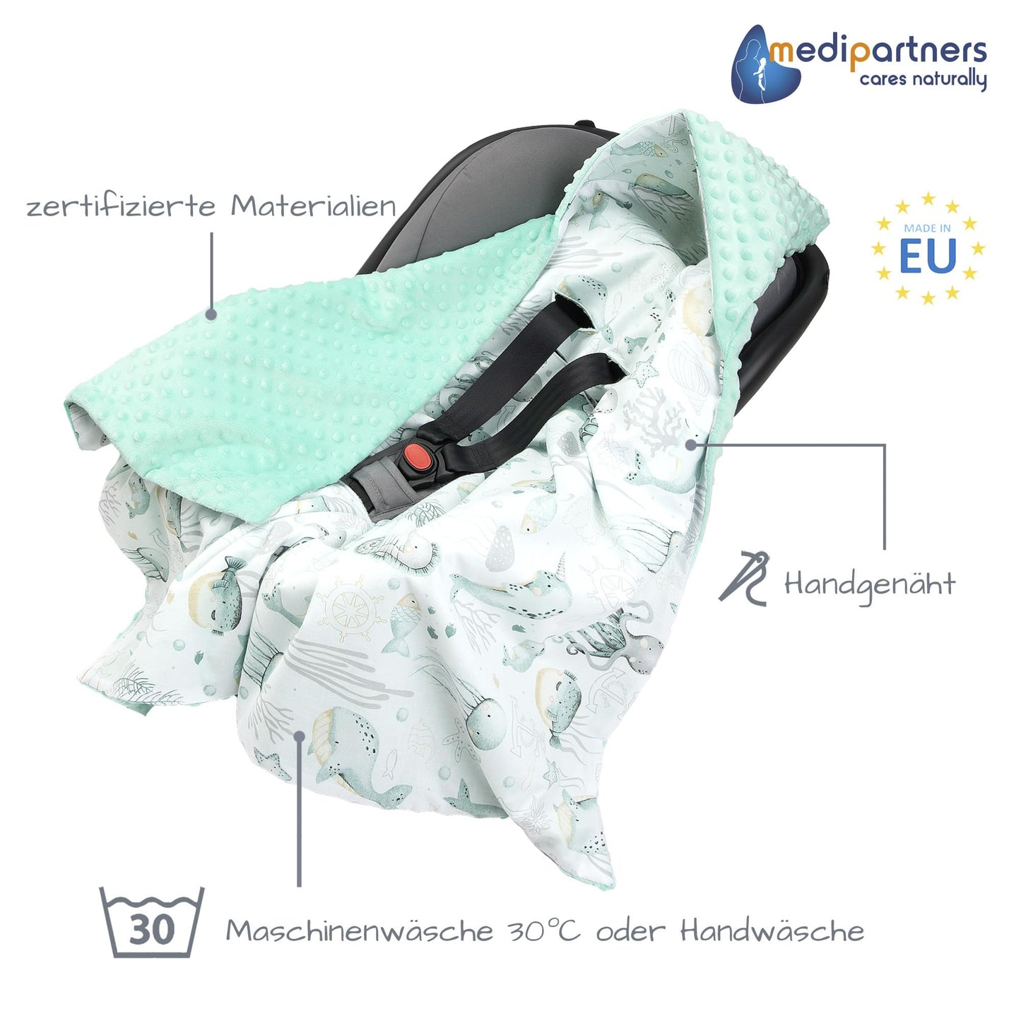 Medi Partners Einschlagdecke Baby Babyschale 100% Baumwolle für Sommer 85x85cm Kinderwagen Kuscheldecke universal Baby Decke Einschlagdecken Babydecke Buggy Autositz (weiße Sterne mit grauen Minky