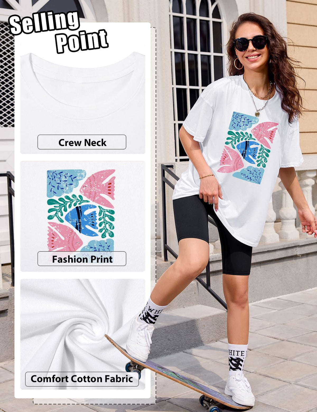 Lonya T Shirt Damen Oversized Vintage Rundhals Kurzarm 80er Jahre Brief Gedruckt Schleife Blumen Sonne Mond Muster Sommer Bluse Baumwolle Oberteile Tops Retro 80s Casual Lockere Basic Tee Shirt
