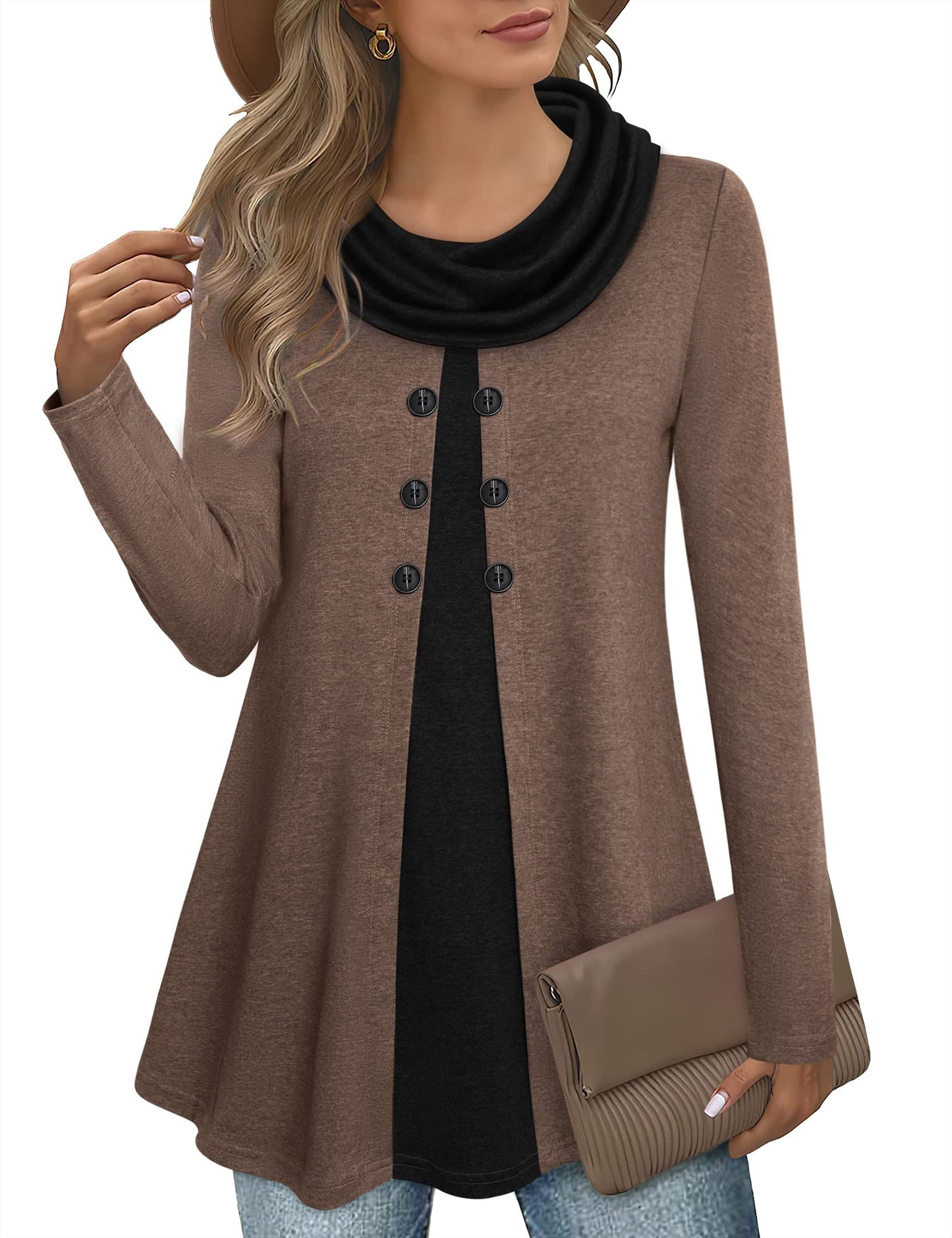 Gaharu Damen Tunika Langarm Elegant Pullover Lang Sweatshirt Schalkragen Patchwork Pulli
