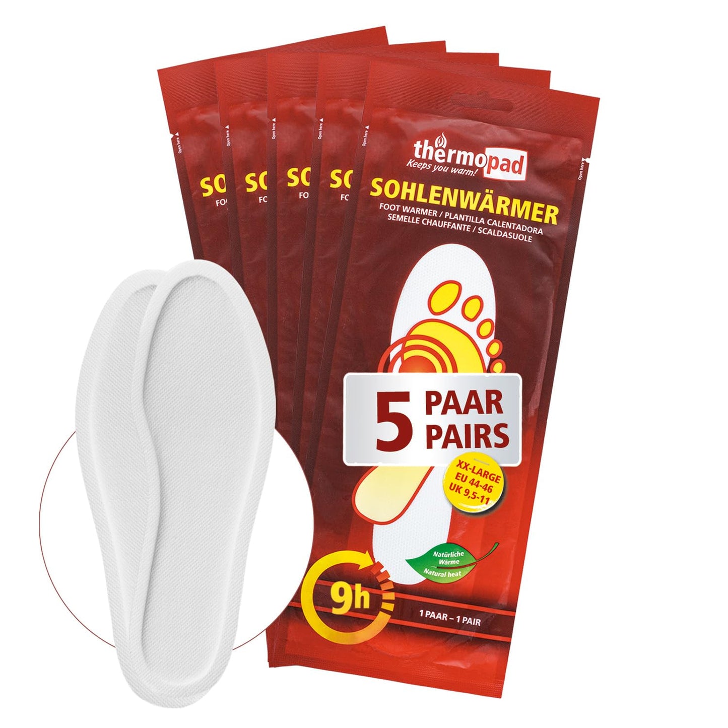 THERMOPAD Sohlenwärmer - DAS ORIGINAL: 5, 10 oder 30 Paar Wärmepads (erhältlich in 5 Größen) - Einlegesohle für 9 Stunden Wärme I Fußwärmer Pads I Extra warme Wärmesohle für Schuhe & Skischuhe