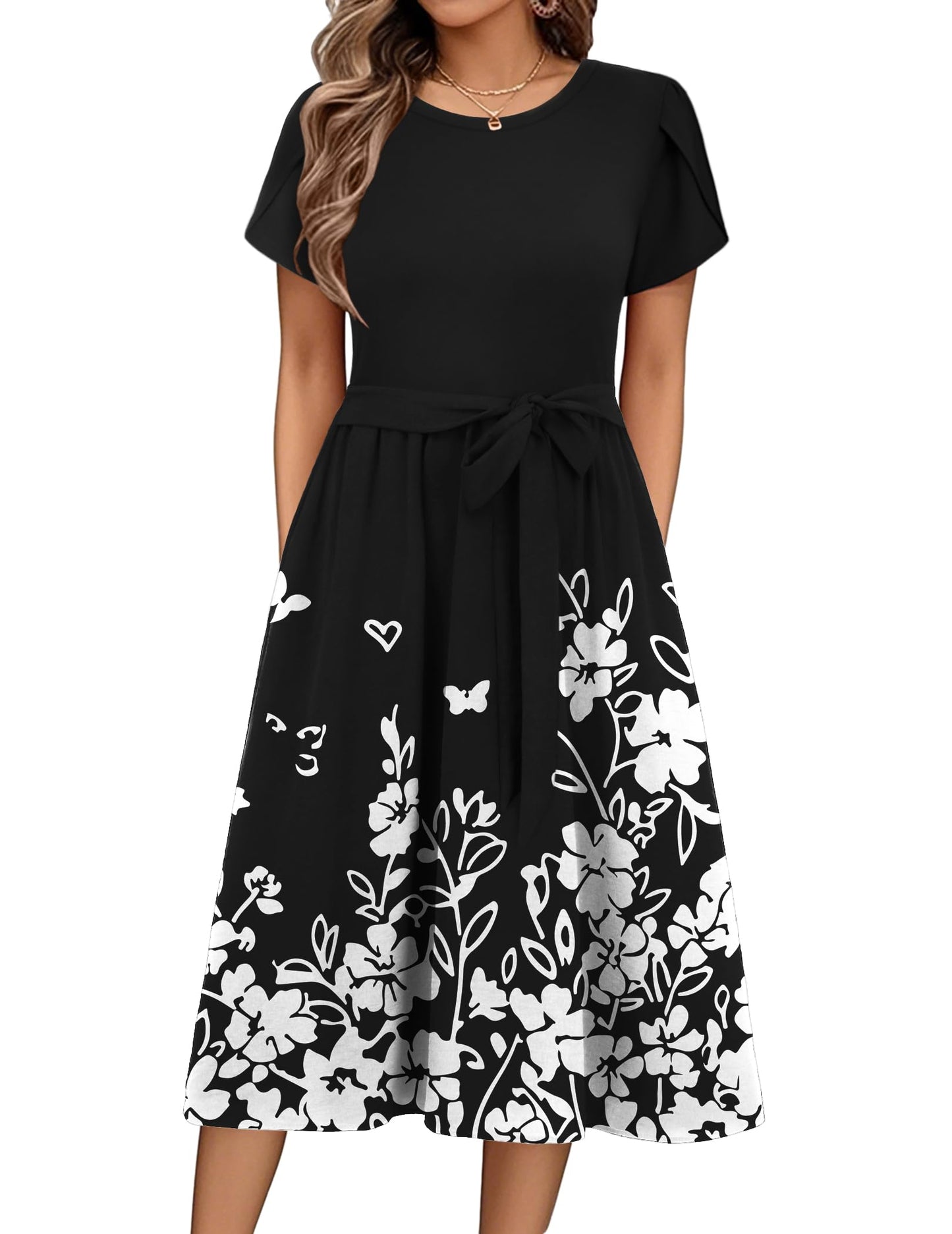 ZEAGOO Sommerkleid Damen Elegant Kleider Kurzarm Rundhals Midikleid A-Linie Blumenkleid Casual Tunika Kleid Hohe Taille Strandkleid mit Taschen S-XXL