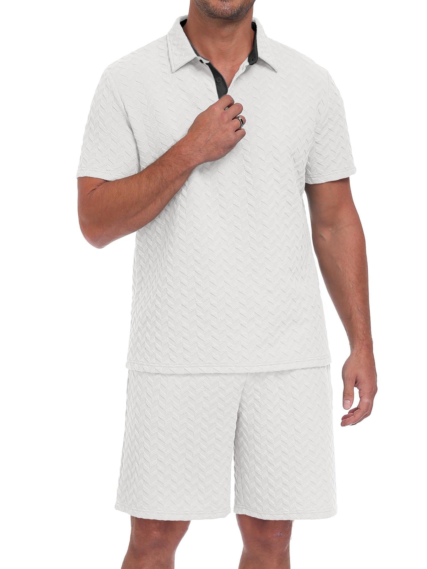 QIXING Herren Sommer Set 2 Teiler Polohemd und Shorts Set Herren Kurzarm Polo Shirt mit Strukturmuster Leichtes Freizeit Outfit für Urlaub Strand Reisen und Alltag