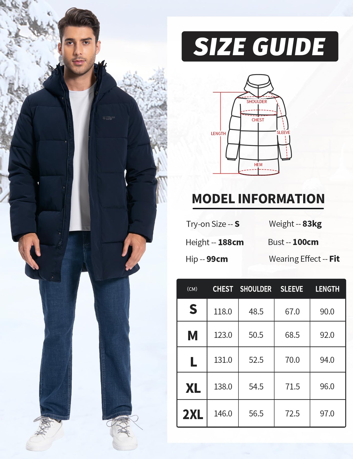 Pioneer Camp Men's Winter Jacket Long Windproof Waterproof Warm Down Jacket Winter Outdoor Parka Jacket with Hood