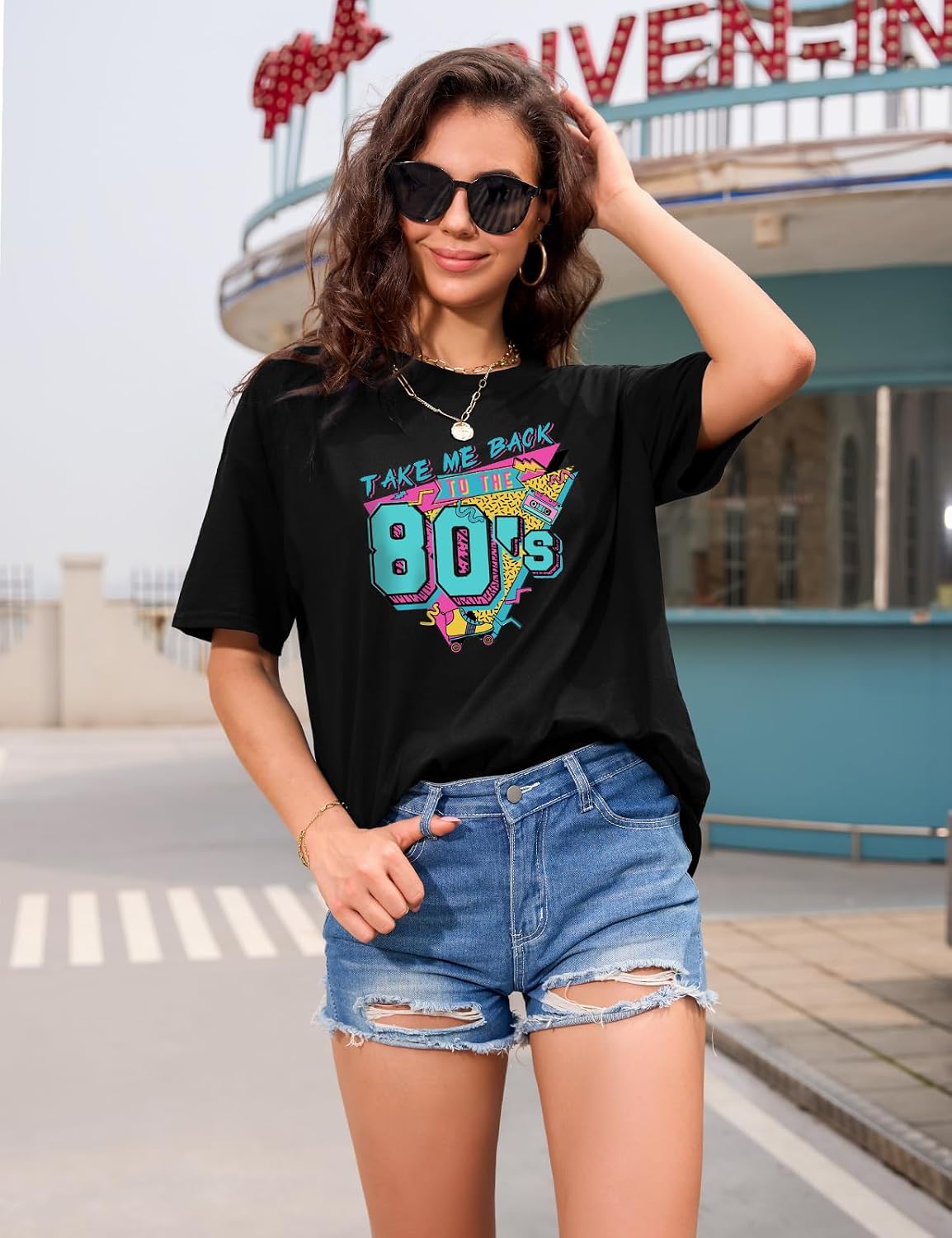 Lonya T Shirt Damen Oversized Vintage Rundhals Kurzarm 80er Jahre Brief Gedruckt Schleife Blumen Sonne Mond Muster Sommer Bluse Baumwolle Oberteile Tops Retro 80s Casual Lockere Basic Tee Shirt
