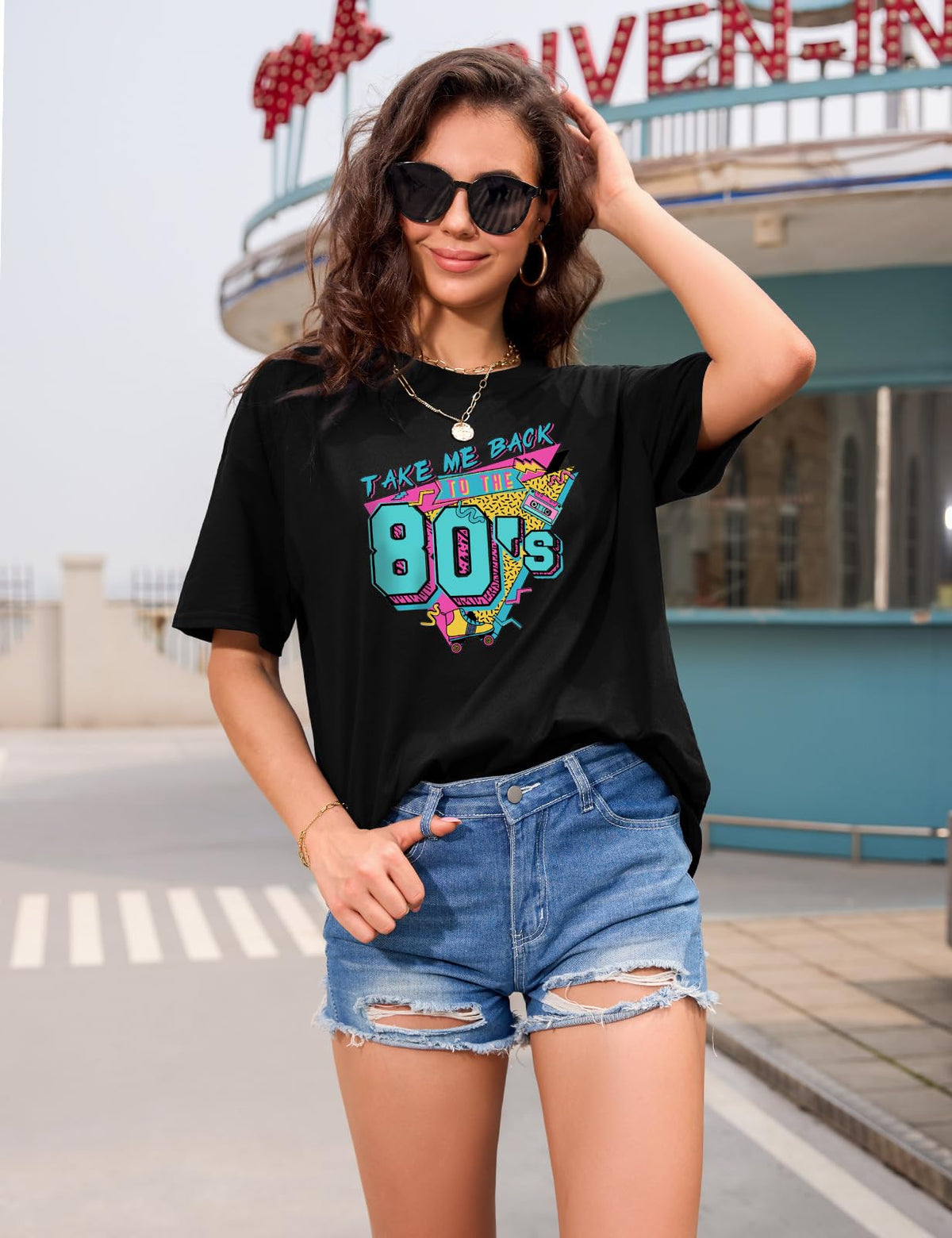 Lonya T Shirt Damen Oversized Vintage Rundhals Kurzarm 80er Jahre Brief Gedruckt Schleife Blumen Sonne Mond Muster Sommer Bluse Baumwolle Oberteile Tops Retro 80s Casual Lockere Basic Tee Shirt