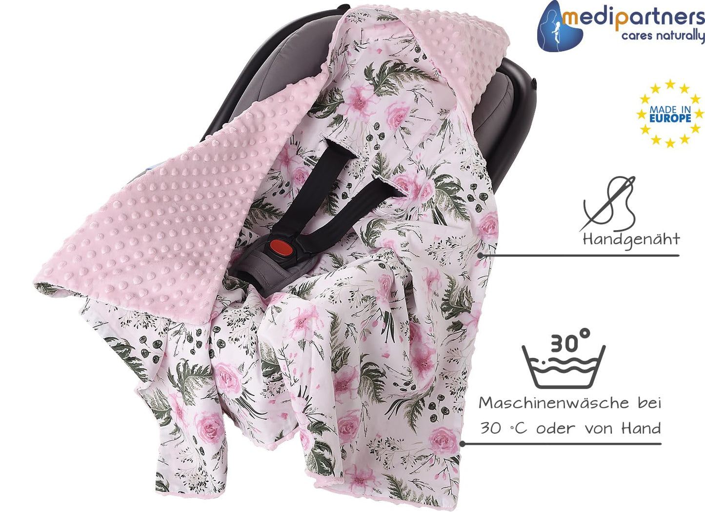 Medi Partners Einschlagdecke Baby Babyschale 100% Baumwolle für Sommer 85x85cm Kinderwagen Kuscheldecke universal Baby Decke Einschlagdecken Babydecke Buggy Autositz (weiße Sterne mit grauen Minky