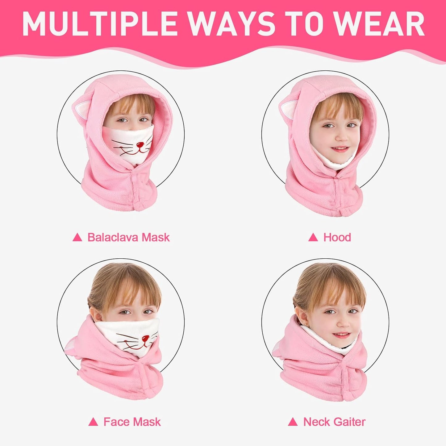 Children's Winter Thermal Fleece Balaclava 4-12 Years, Multifunctional Windproof Adjustable Face Mask, Ski Mask, Warm Hat, Balaclava, Neck Warmer Scarf for Boys and Girls, Outdoor Activities