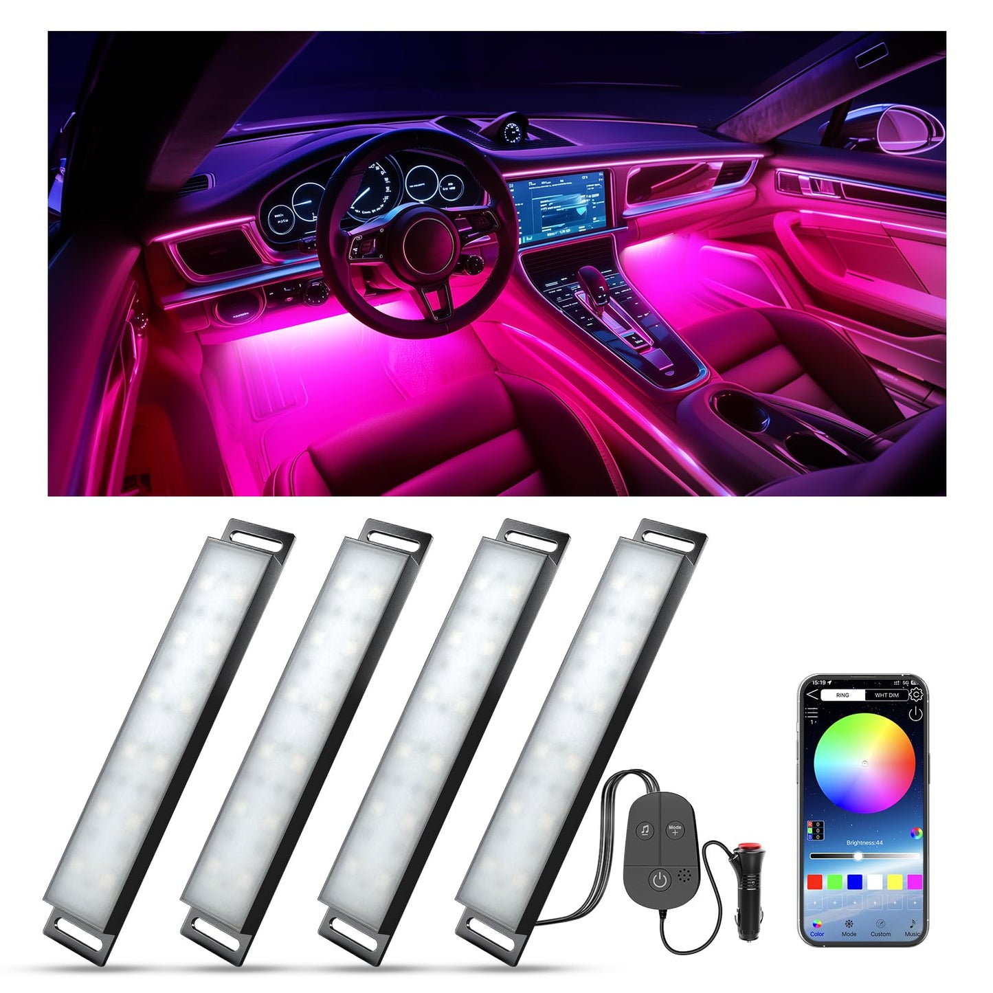 YiLaie RGB LED Interior Lighting Car, Ambient Lighting Car with App Control and 16 Million Colours, Music Mode, Colour Memory, Three Button Control Box, Cigarette Lighter, 12 V