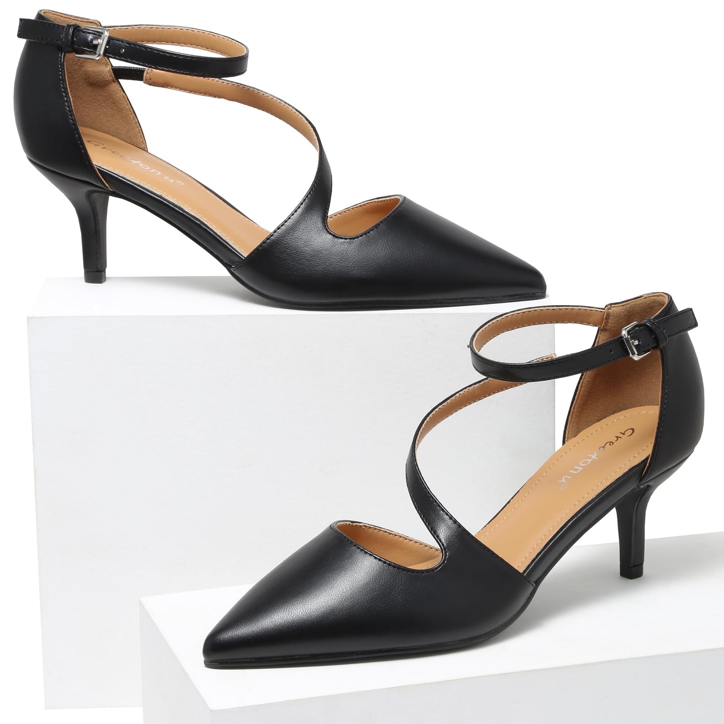 Greatonu Women's Pointed Toe Court Shoes with Ankle Strap and Kitten Heel