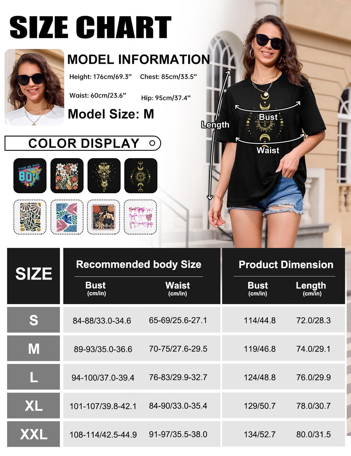 Lonya T Shirt Damen Oversized Vintage Rundhals Kurzarm 80er Jahre Brief Gedruckt Schleife Blumen Sonne Mond Muster Sommer Bluse Baumwolle Oberteile Tops Retro 80s Casual Lockere Basic Tee Shirt