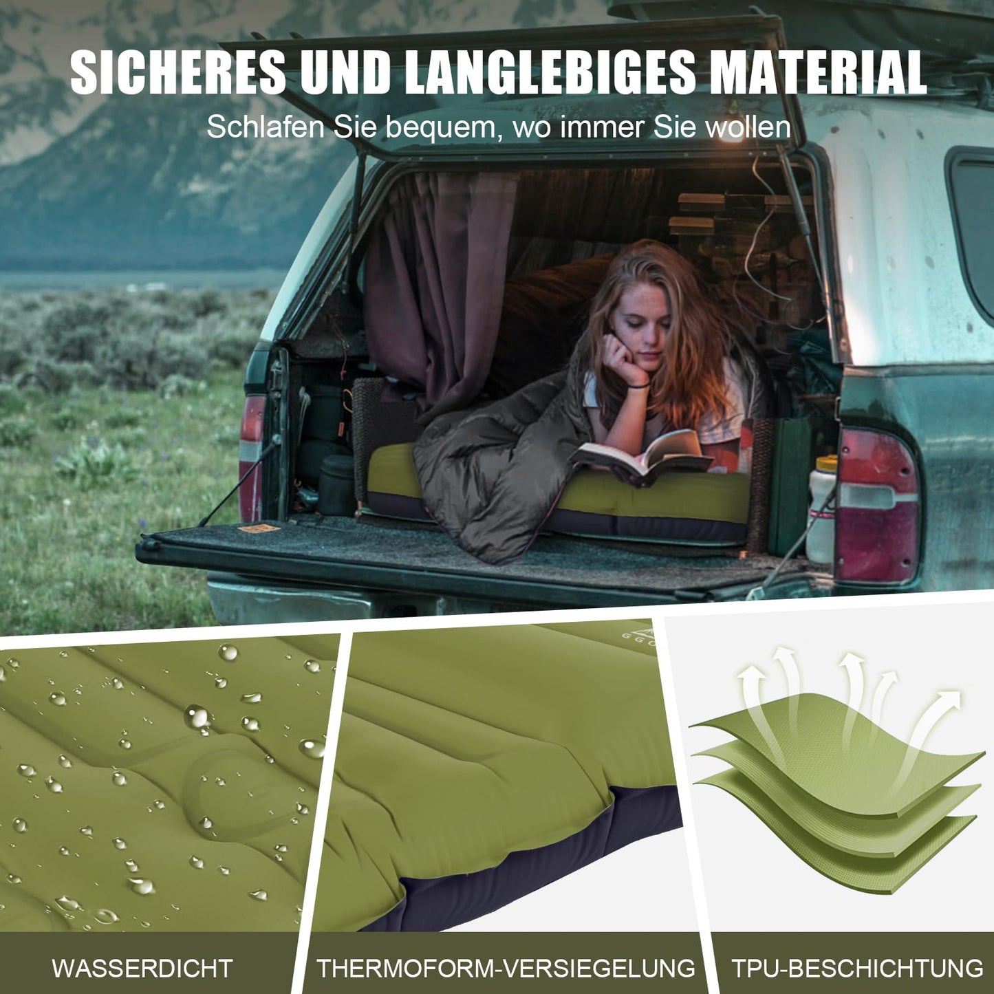 GGOV Isomatte Selbstaufblasend für Camping, 12 cm Höhe Bequeme Selbstaufblasende luftmatratze für Wandern, Ultraleicht Wasserdicht Luftmatratze Outdoor, mit Fußpresse Pumpe, Tragbar Kleines Packmass